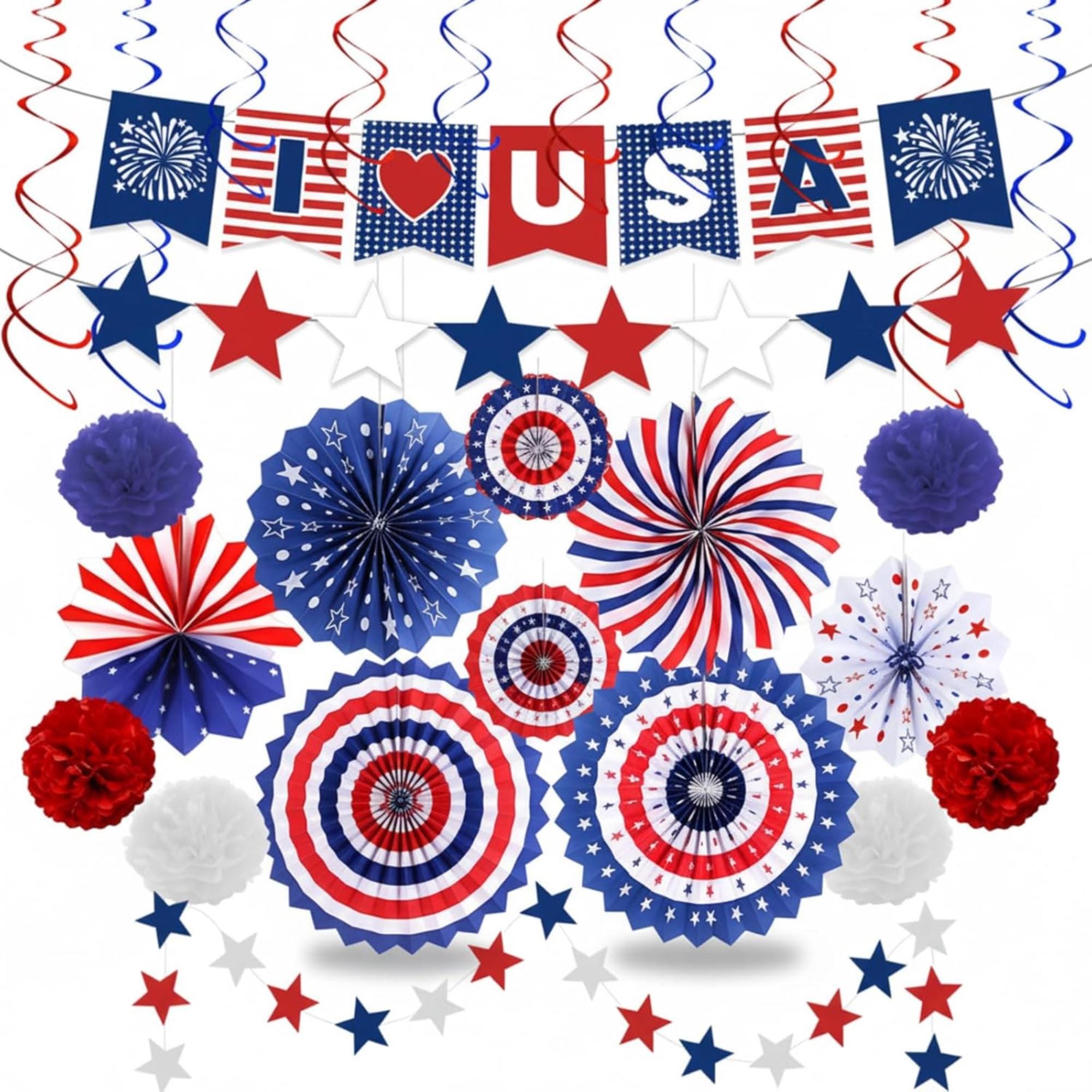 26 Piece Patriotic Party Decorations Set with Fans Pom Poms and Swirls