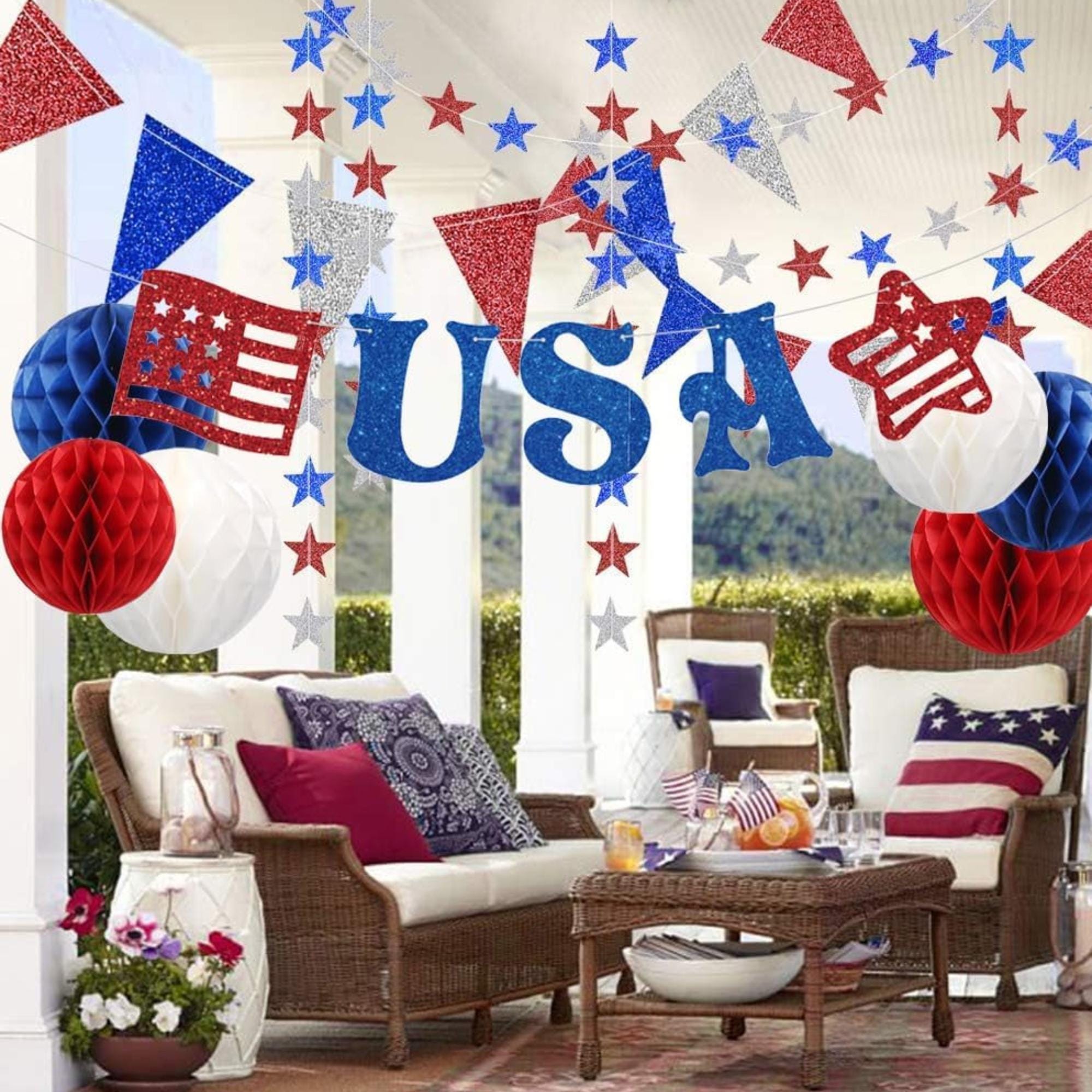Red White Blue Party Decorations Set with Honeycomb Balls and Star Garland