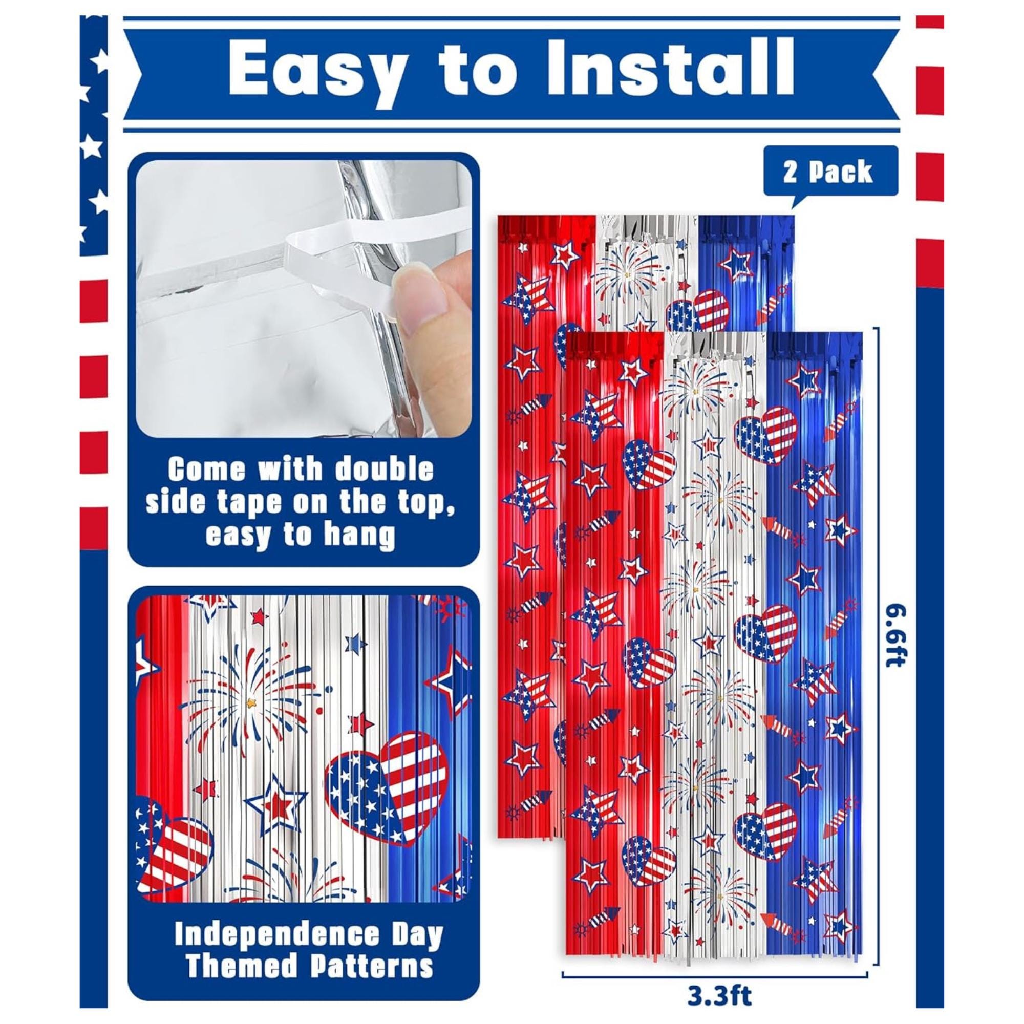 Red White Blue Foil Fringe Curtains Set for Patriotic Party Backdrop Decor
