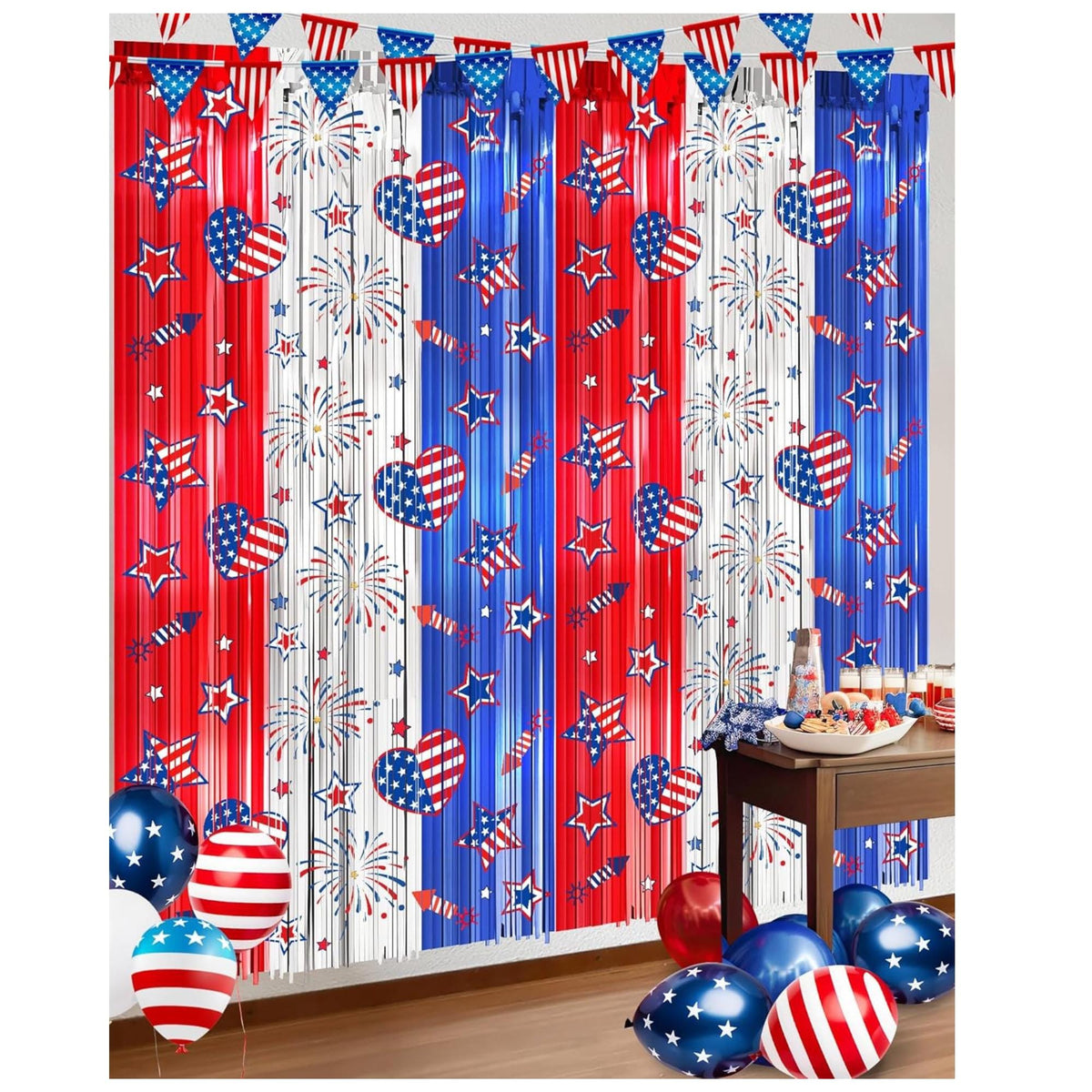 Red White Blue Foil Fringe Curtains Set for Patriotic Party Backdrop Decor