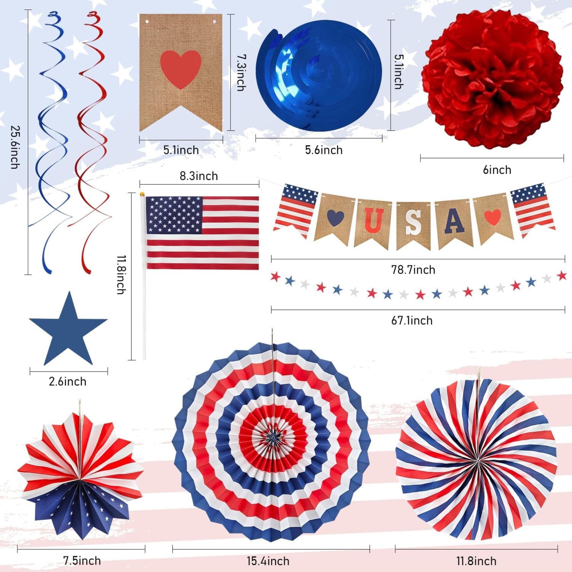 30 Piece Patriotic Party Decorations Set with Banner Fans and Swirls