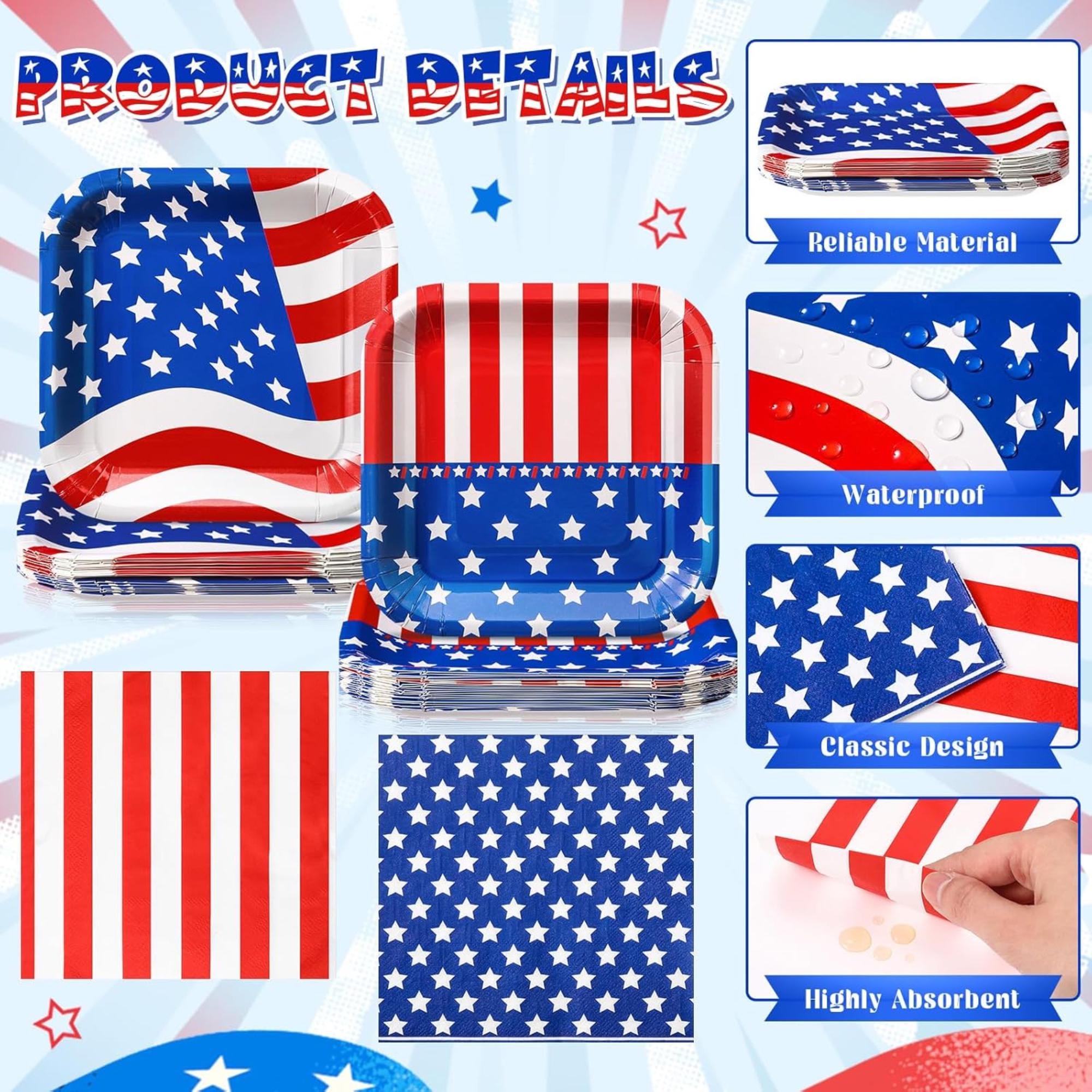 72 Piece Patriotic Plates and Napkins Set for Party Table Decorations