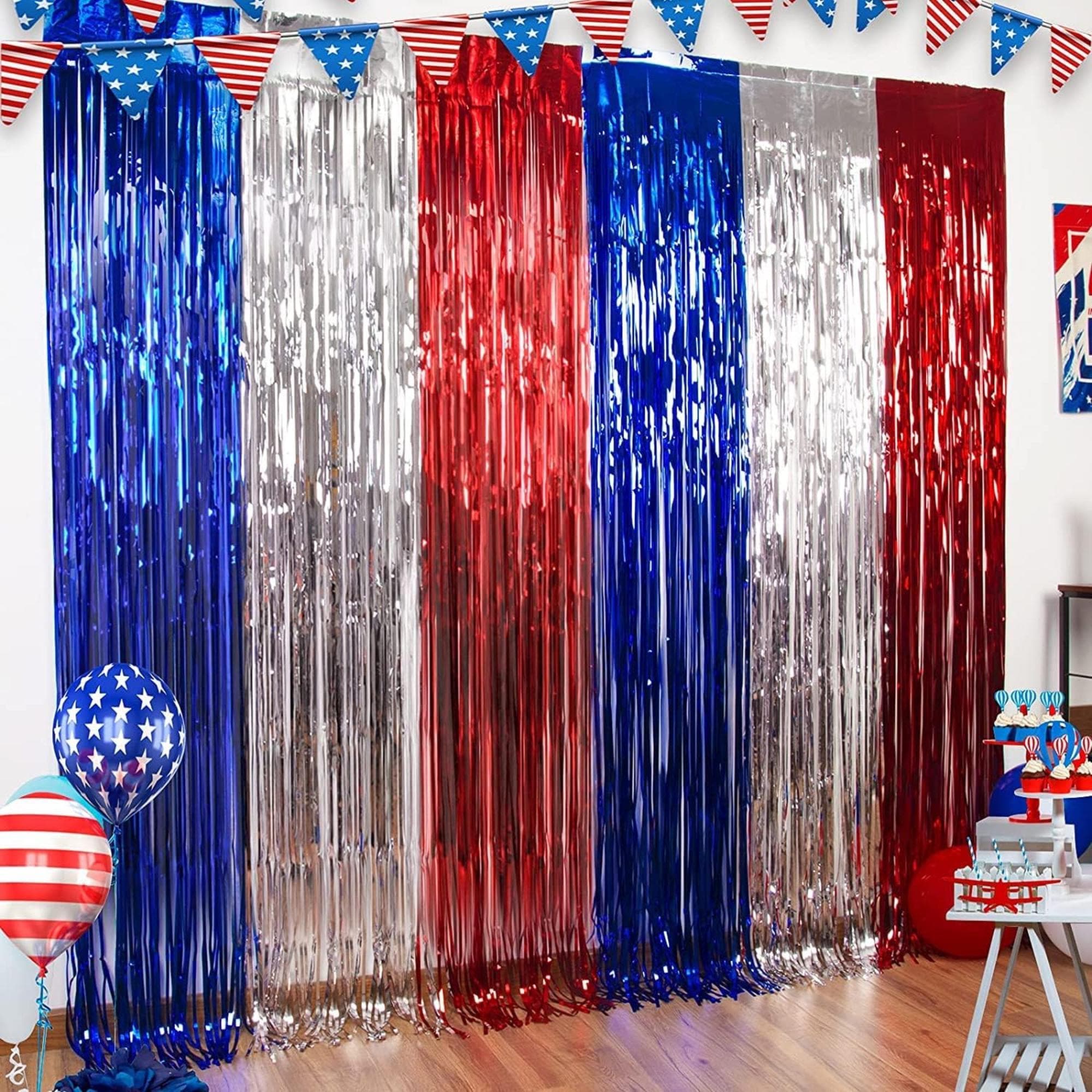 5 Pack Red White Blue Tinsel Fringe Curtains for Patriotic Party Decor