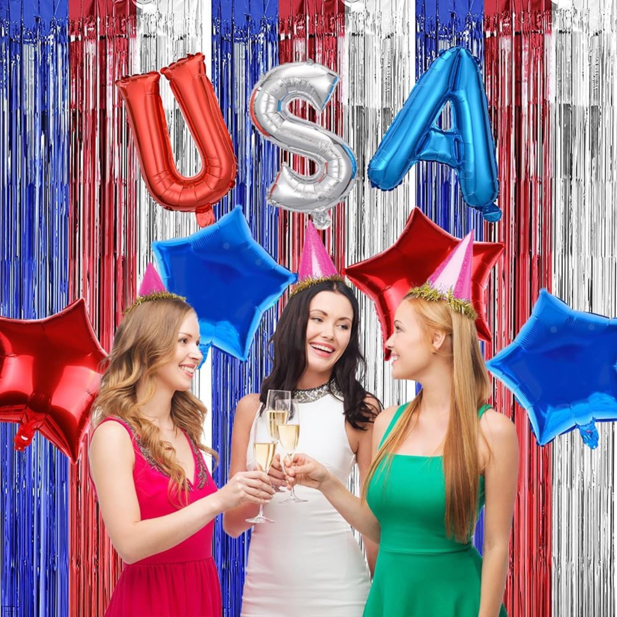 3 Pack Red White Blue Tinsel Fringe Curtains for Patriotic Party Decor