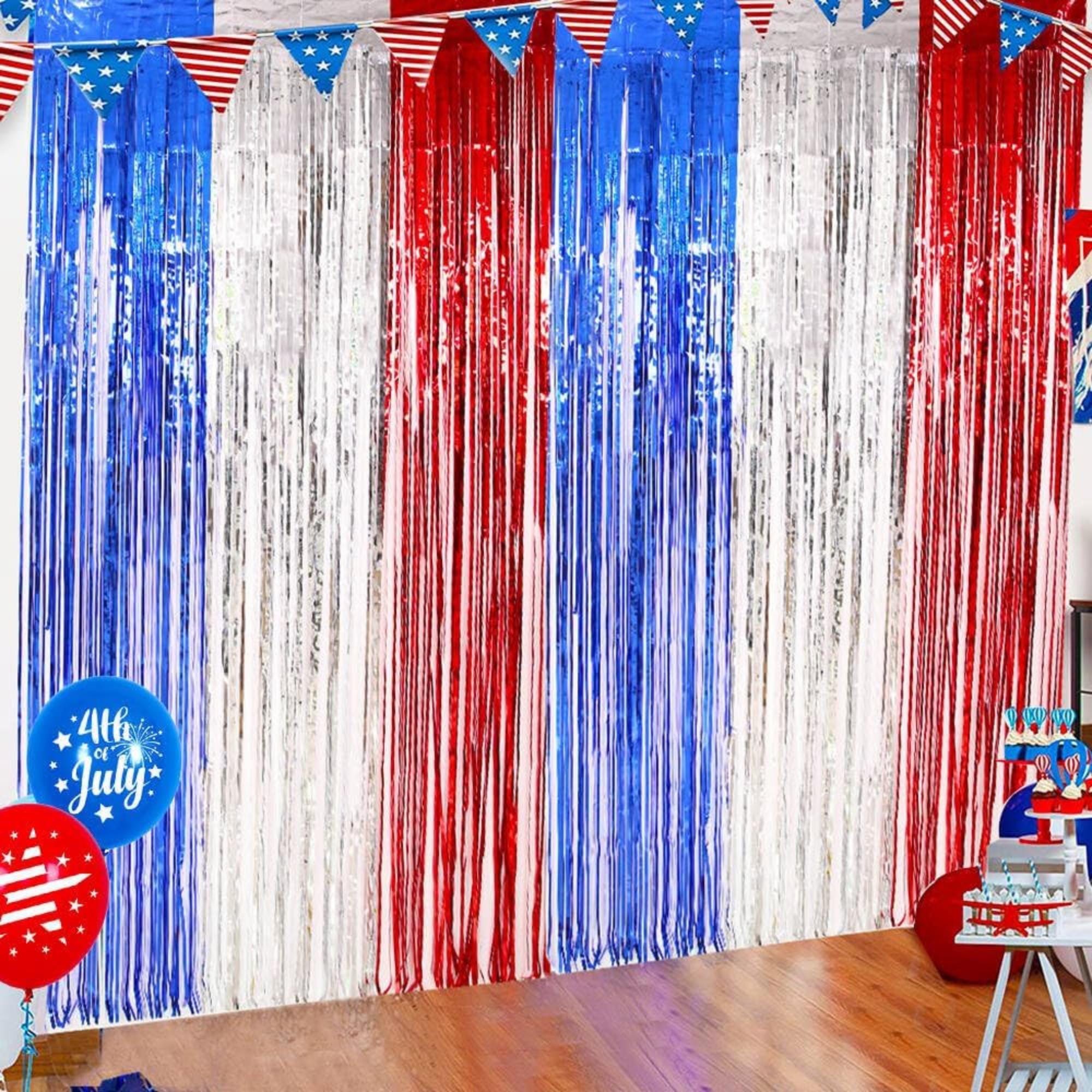 3 Pack Red White Blue Tinsel Fringe Curtains for Patriotic Party Decor