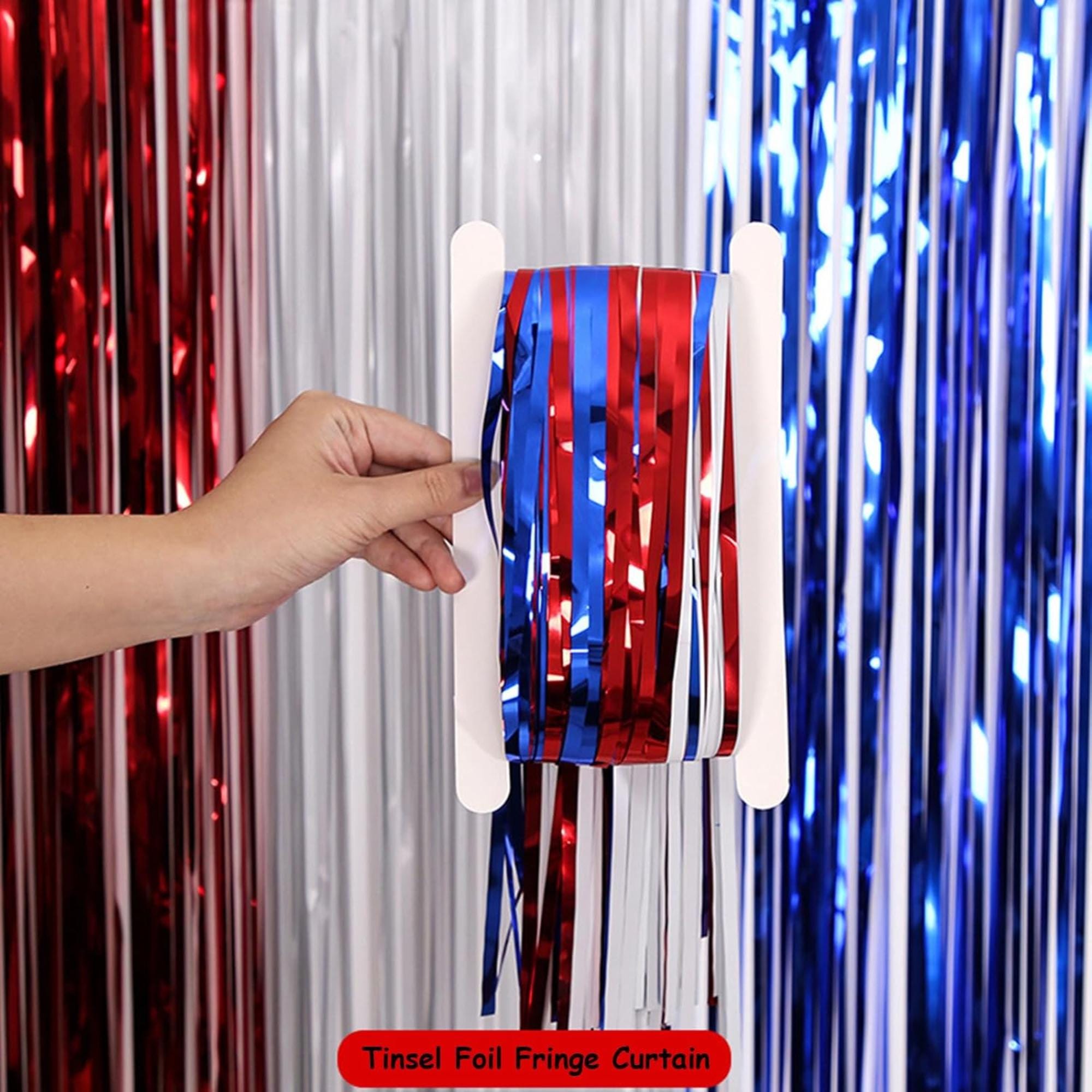 3 Pack Red White Blue Tinsel Fringe Curtains for Patriotic Party Decor