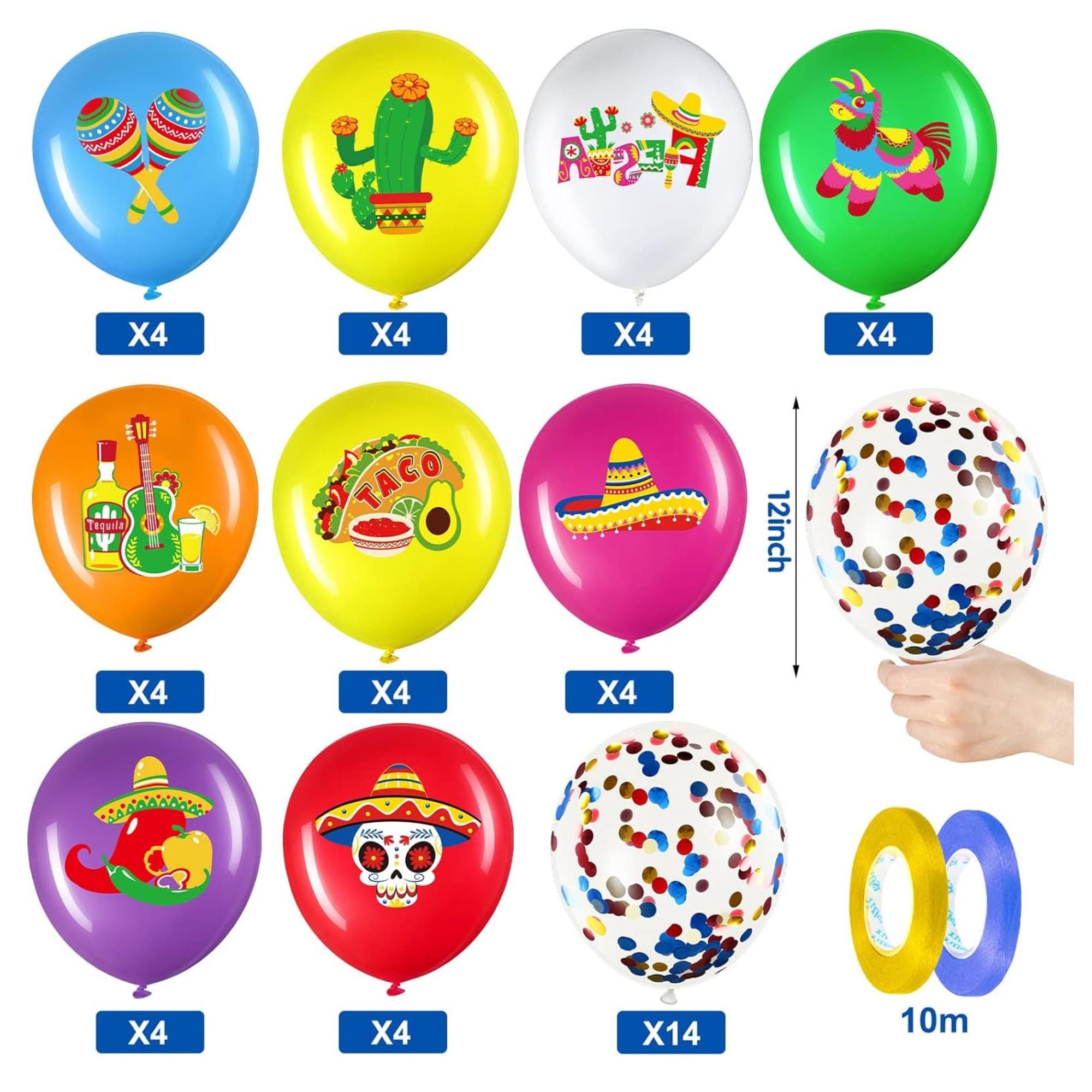 50 Pcs Mexican Fiesta Party Balloons Decorations Taco Latex Confetti 12 Inch Kit
