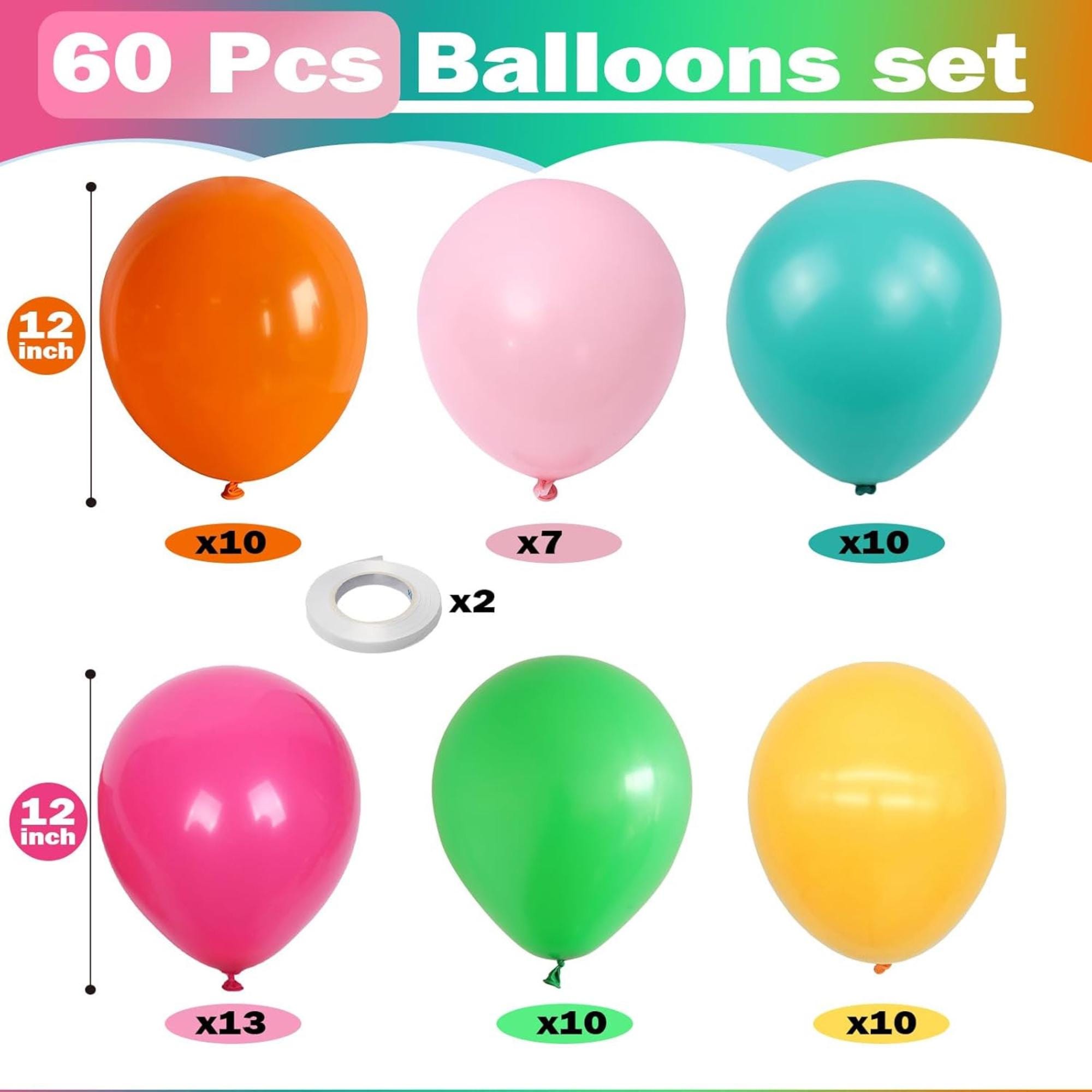 60Pcs Mexican Fiesta Rainbow Balloons 12 Inch Cinco De Mayo Party Decor Set Kit