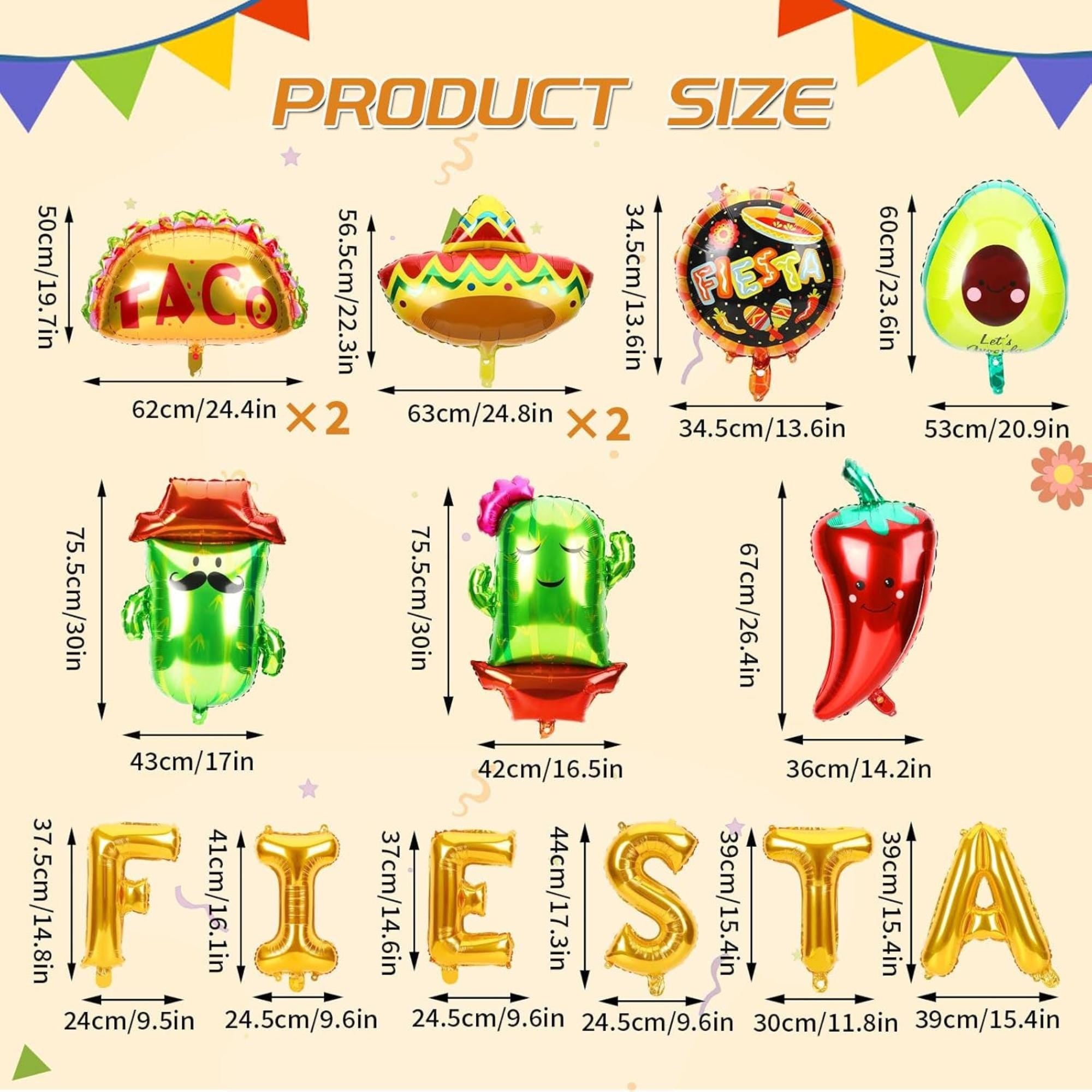 16Pcs Fiesta Foil Balloons Cactus Taco Avocado Cinco De Mayo Party Decor Set