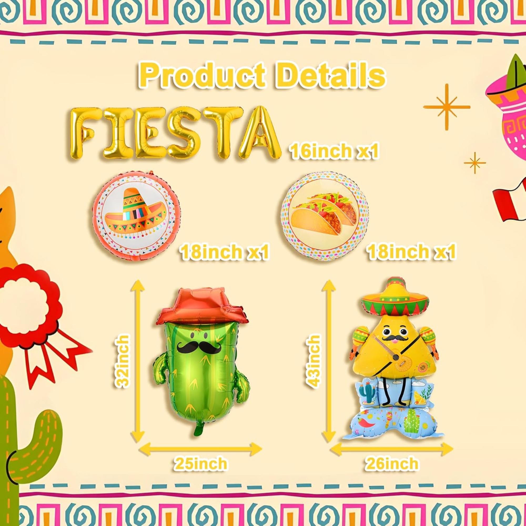 Fiesta Party Decorations Cactus Taco Cinco De Mayo Balloons Mexican Theme Set