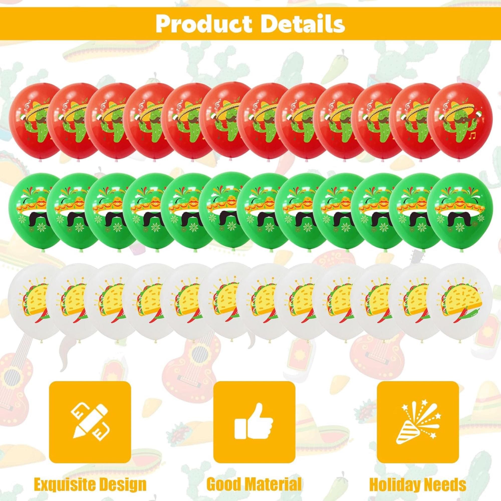 18Pcs Fiesta Latex Balloons 12 Inch Taco Cactus Sombrero Cinco De Mayo Set