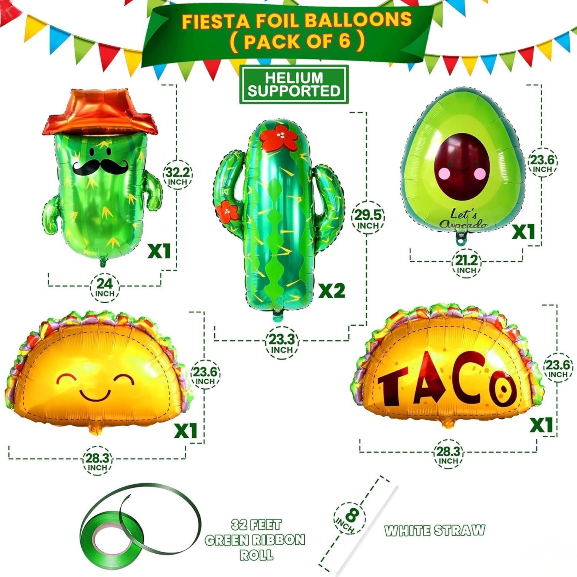 6Pcs Mexican Fiesta Balloons Taco Cactus Cinco De Mayo Party Decorations