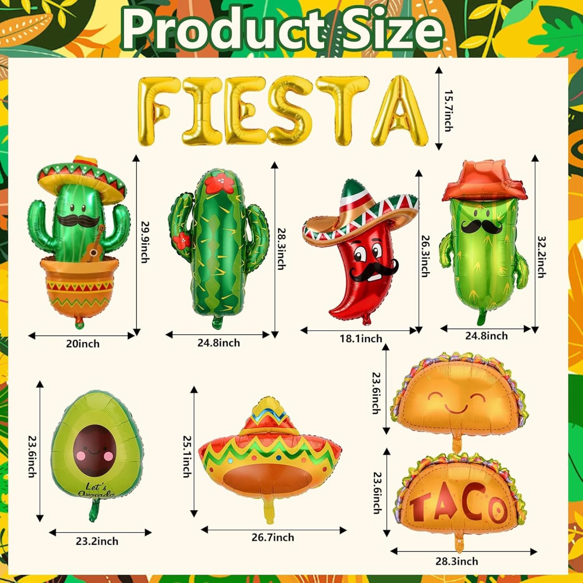 14Pcs Fiesta Balloon Set Taco Cactus Avocado Sombrero Banner Party Decor Kit