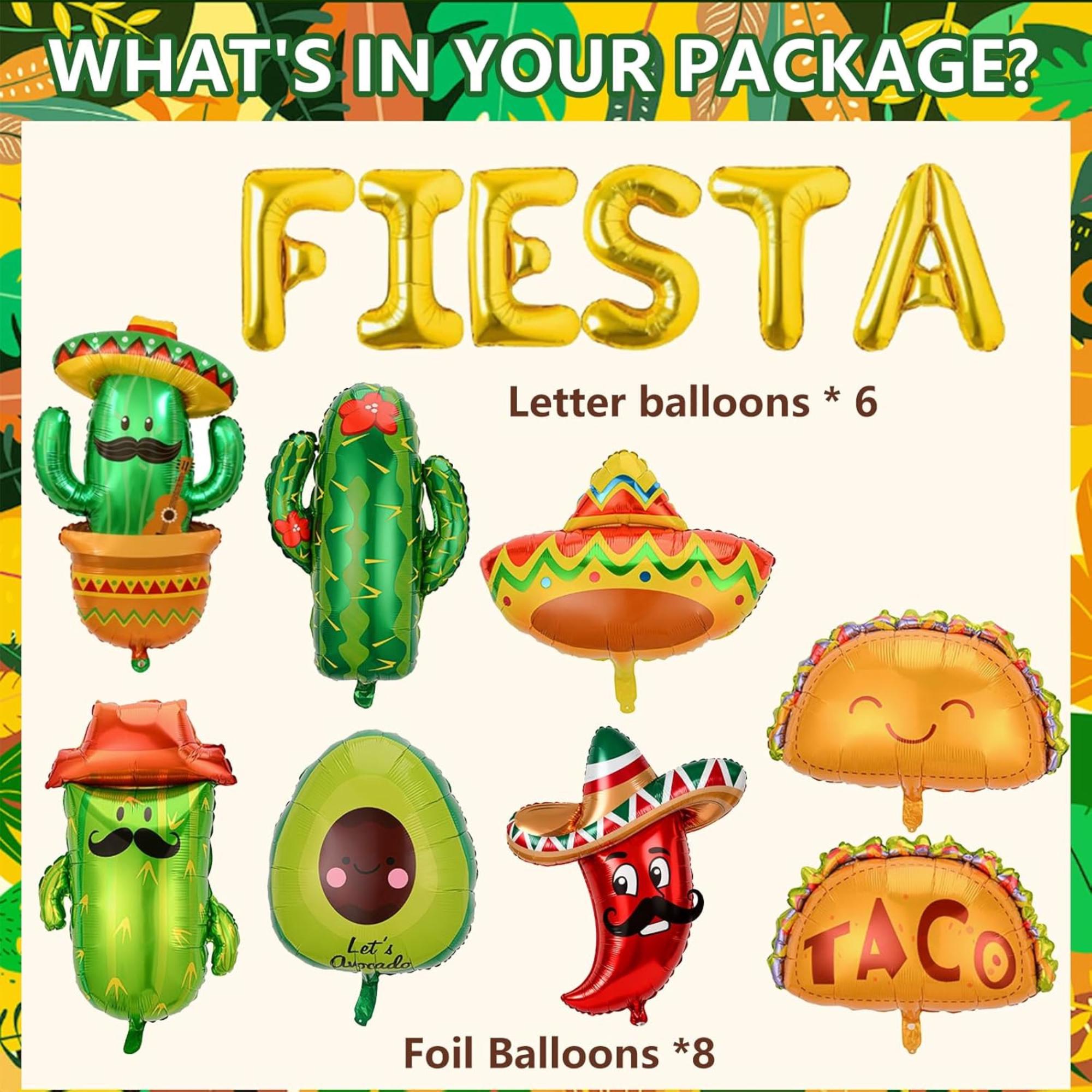 14Pcs Fiesta Balloon Set Taco Cactus Avocado Sombrero Banner Party Decor Kit