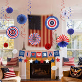 Patriotic Decorations Set with Banner Fans Streamers and Pom Poms