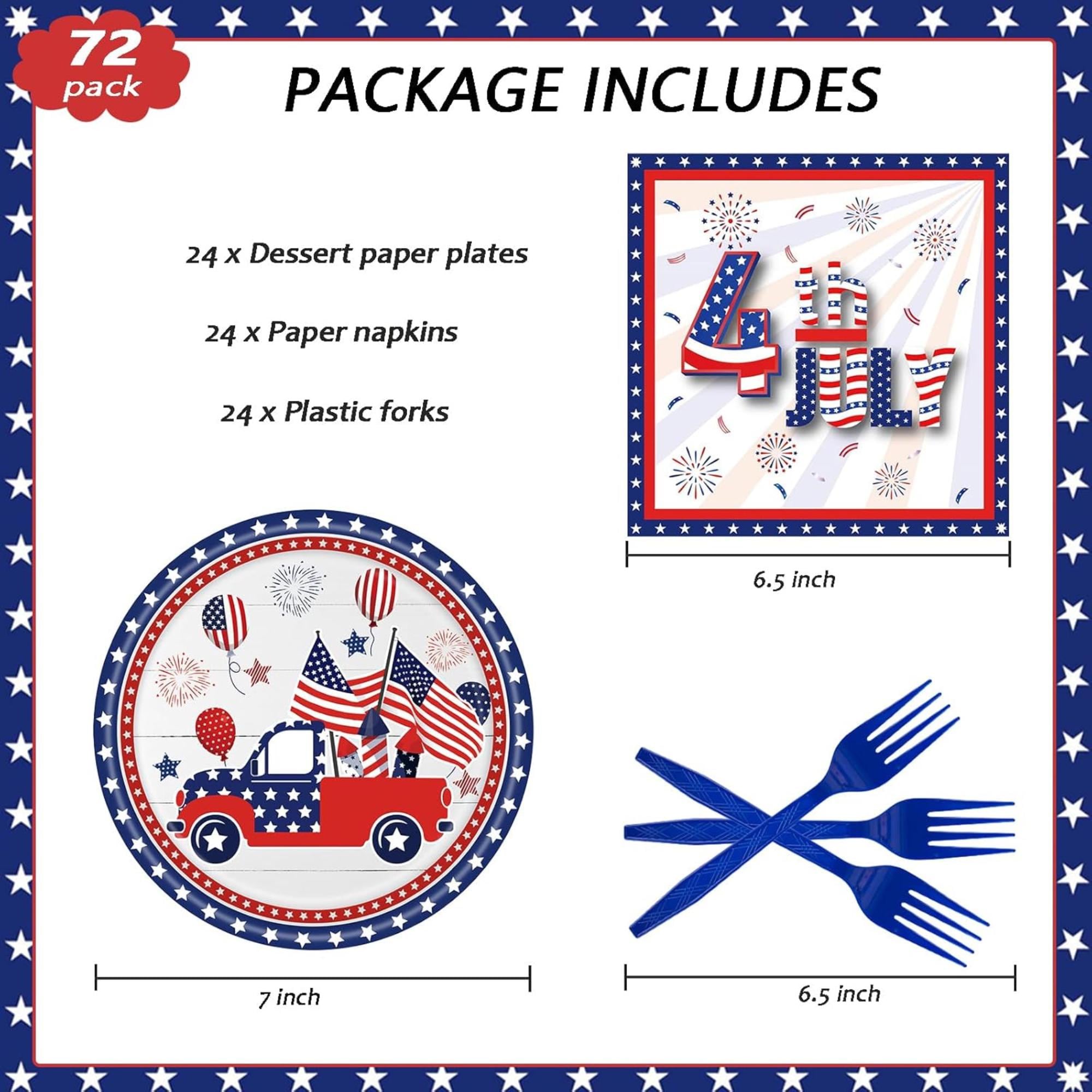 72 Piece Patriotic Tableware Set Plates Napkins Forks for Party Décor