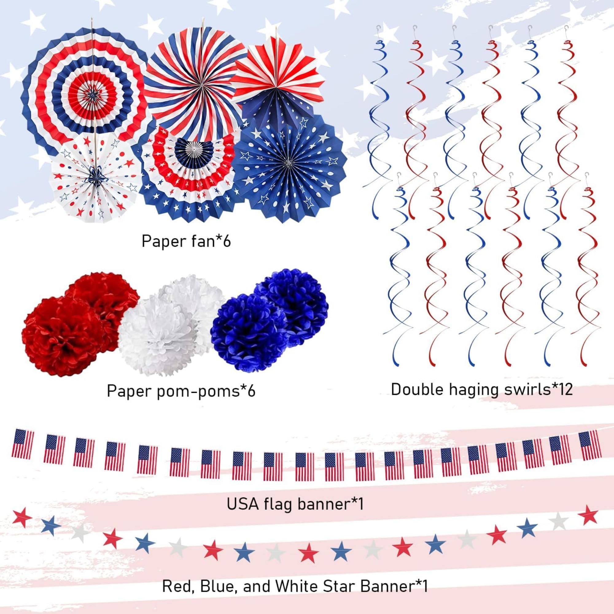 26 Piece Patriotic Decorations Set with Banner Fans and Hanging Swirls