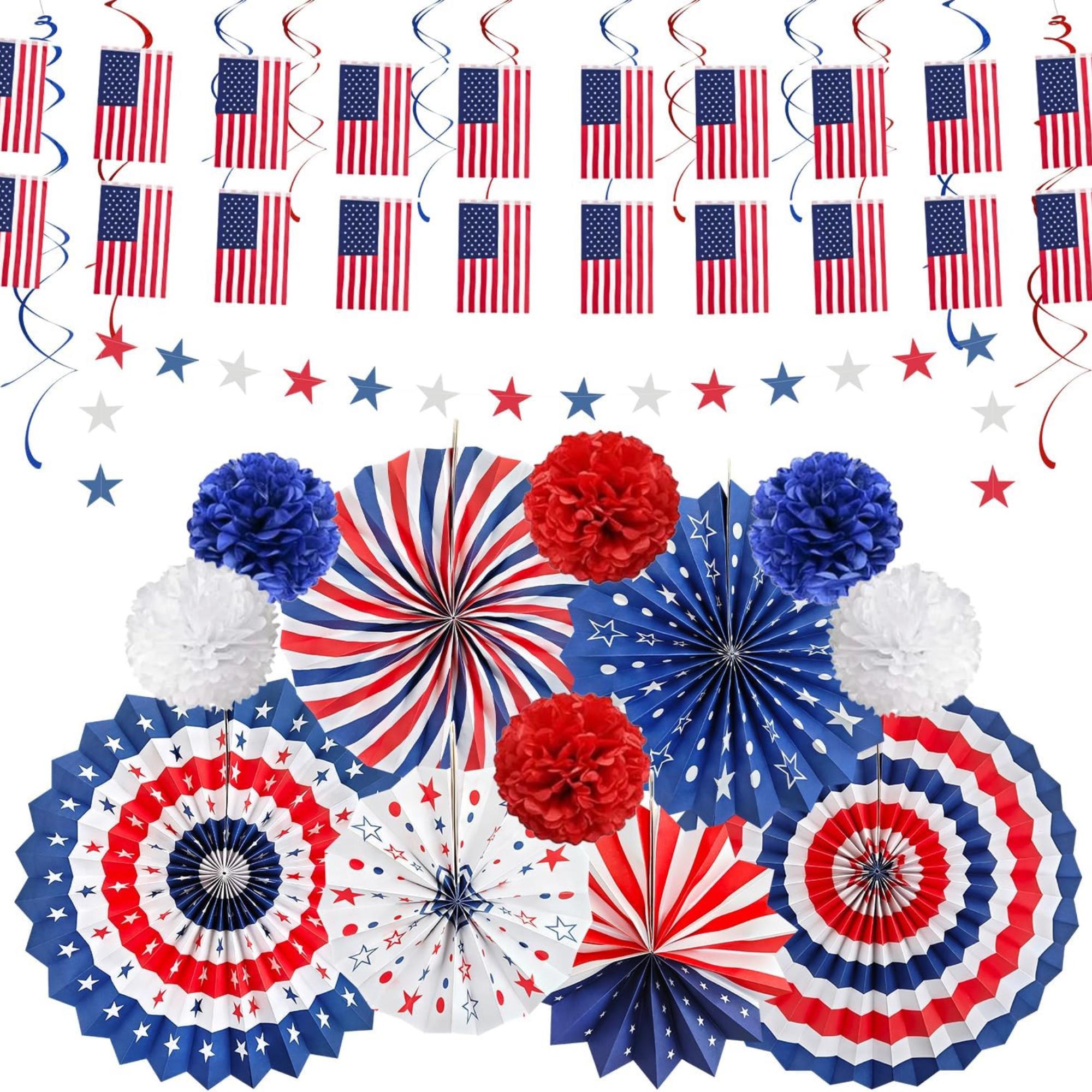 26 Piece Patriotic Decorations Set with Banner Fans and Hanging Swirls