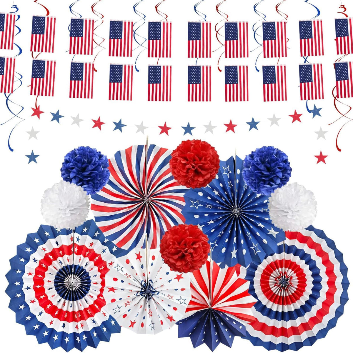 26 Piece Patriotic Decorations Set with Banner Fans and Hanging Swirls