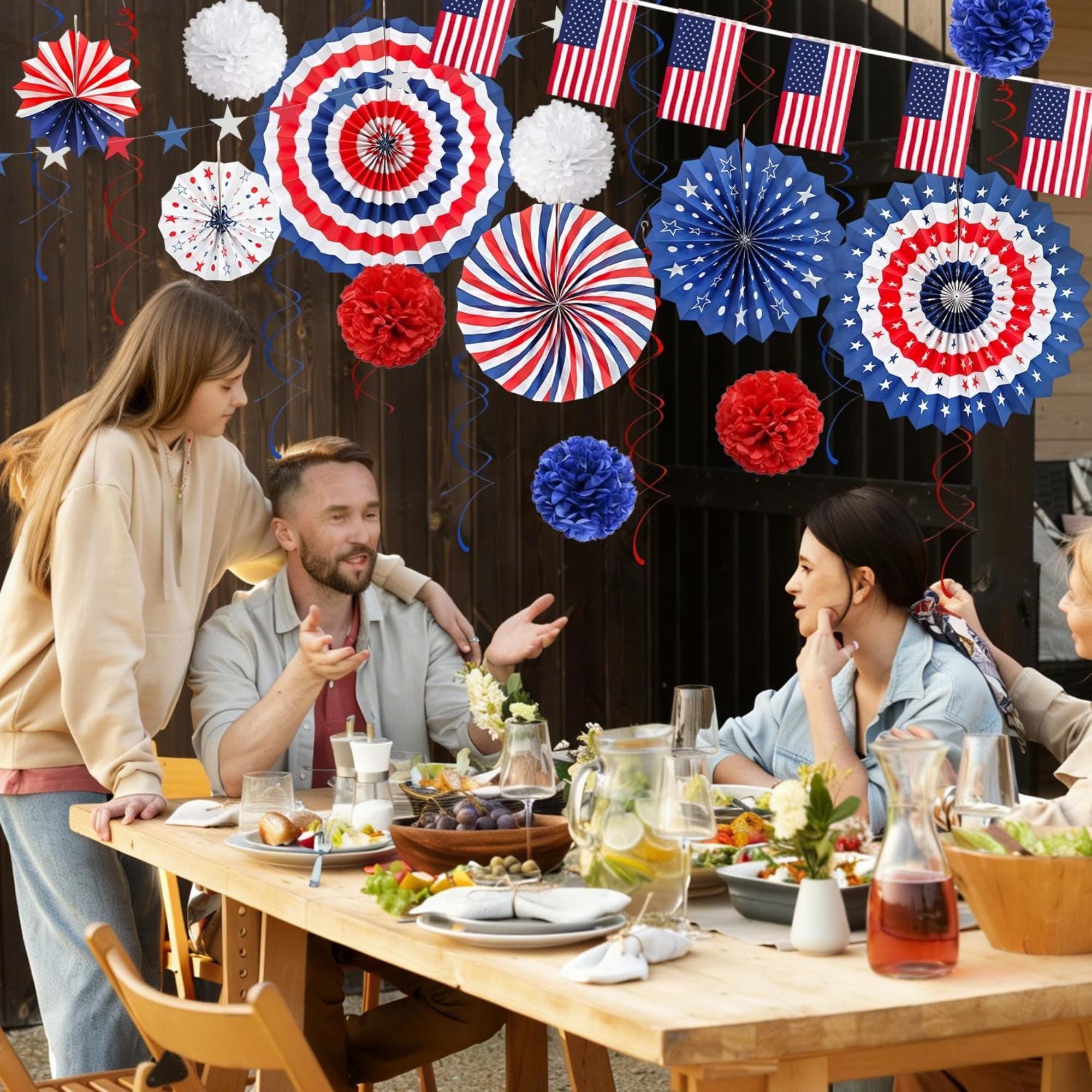 26 Piece Patriotic Decorations Set with Banner Fans and Hanging Swirls