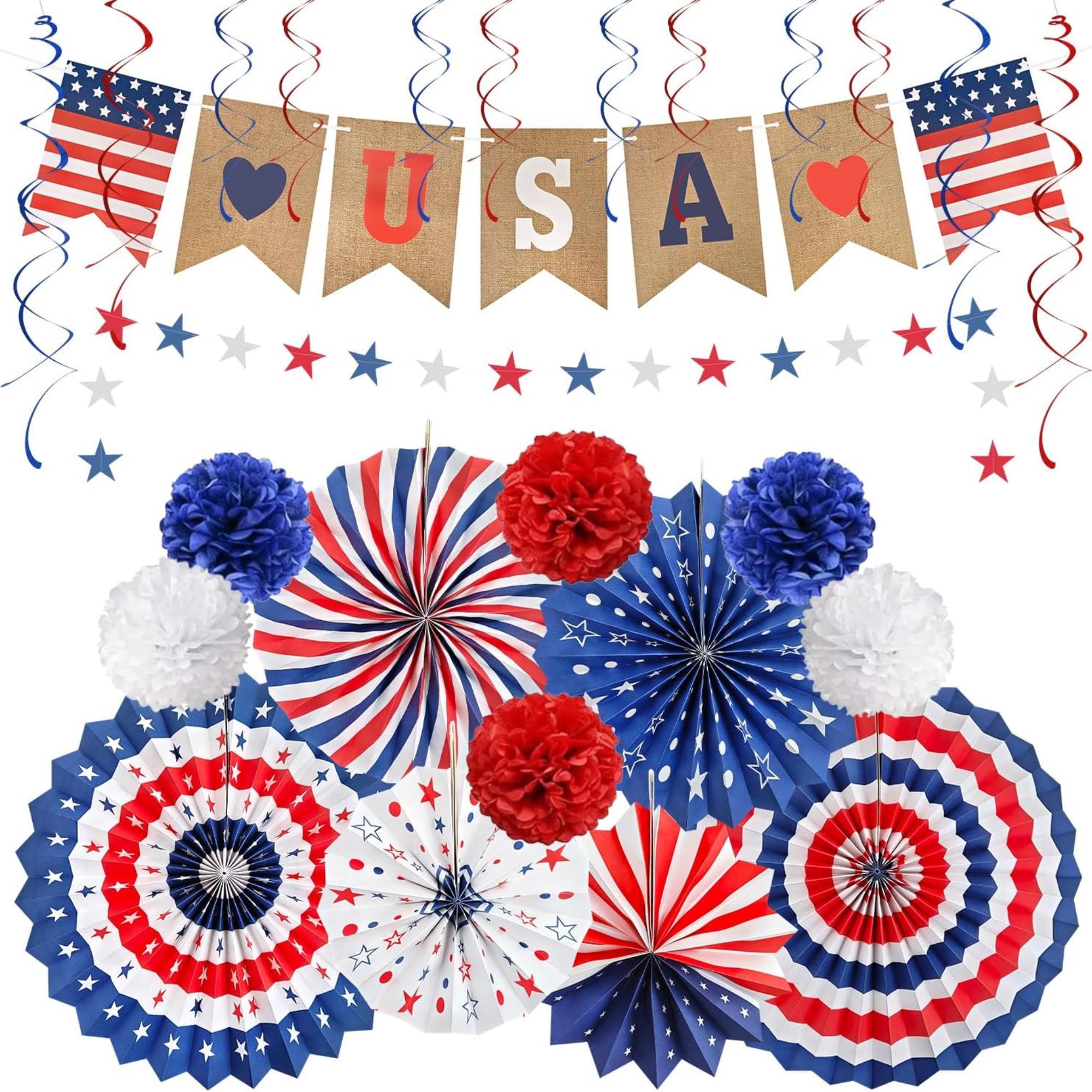 26 Piece Patriotic Decorations Set with Love USA Banner and Fans