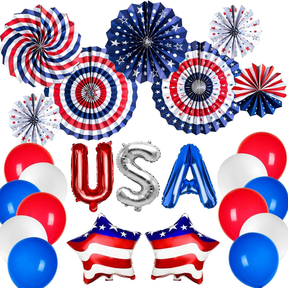 Patriotic Party Decorations Set with Balloons Paper Fans and Star Décor