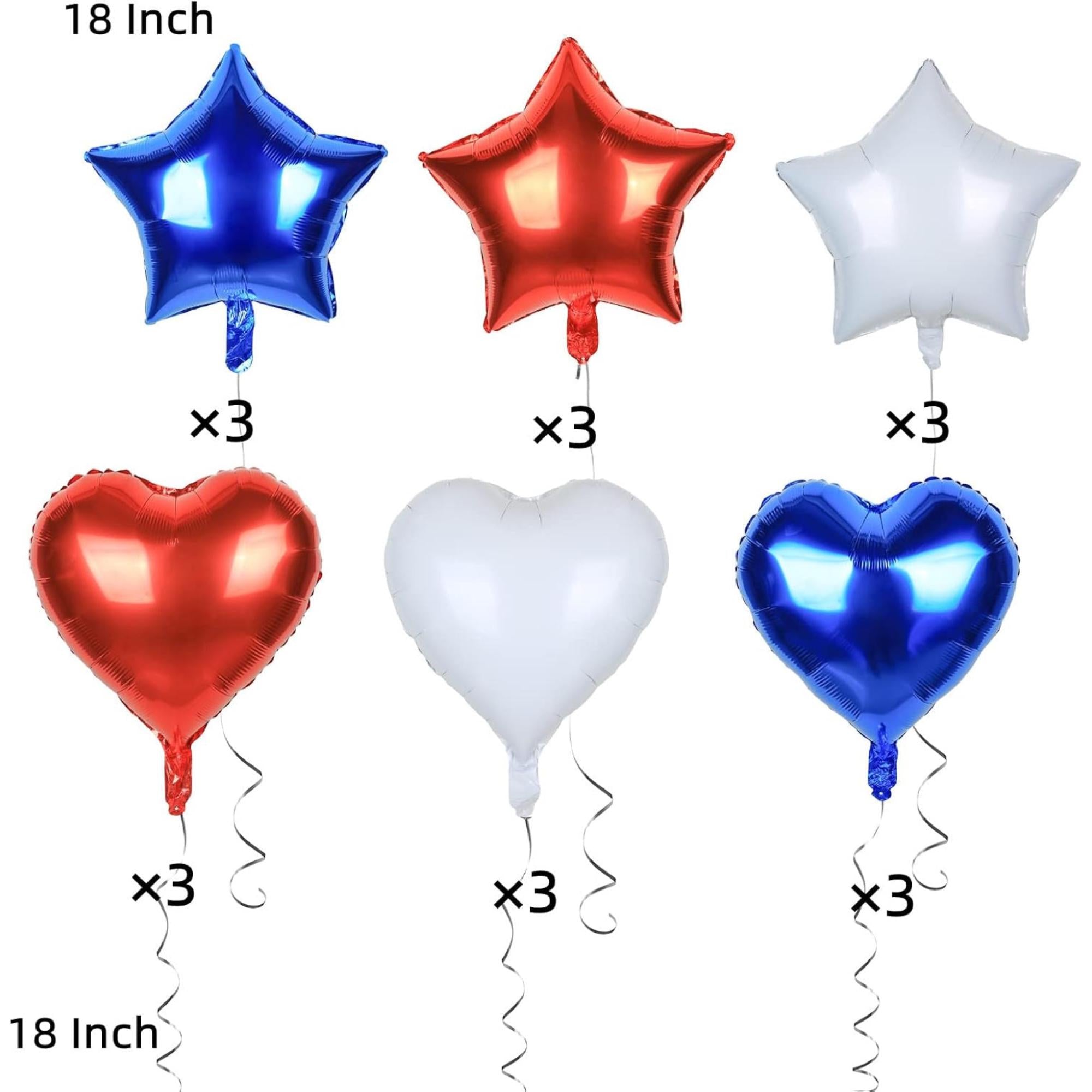 18 Piece Patriotic Foil Balloons Set with Star and Heart Balloons