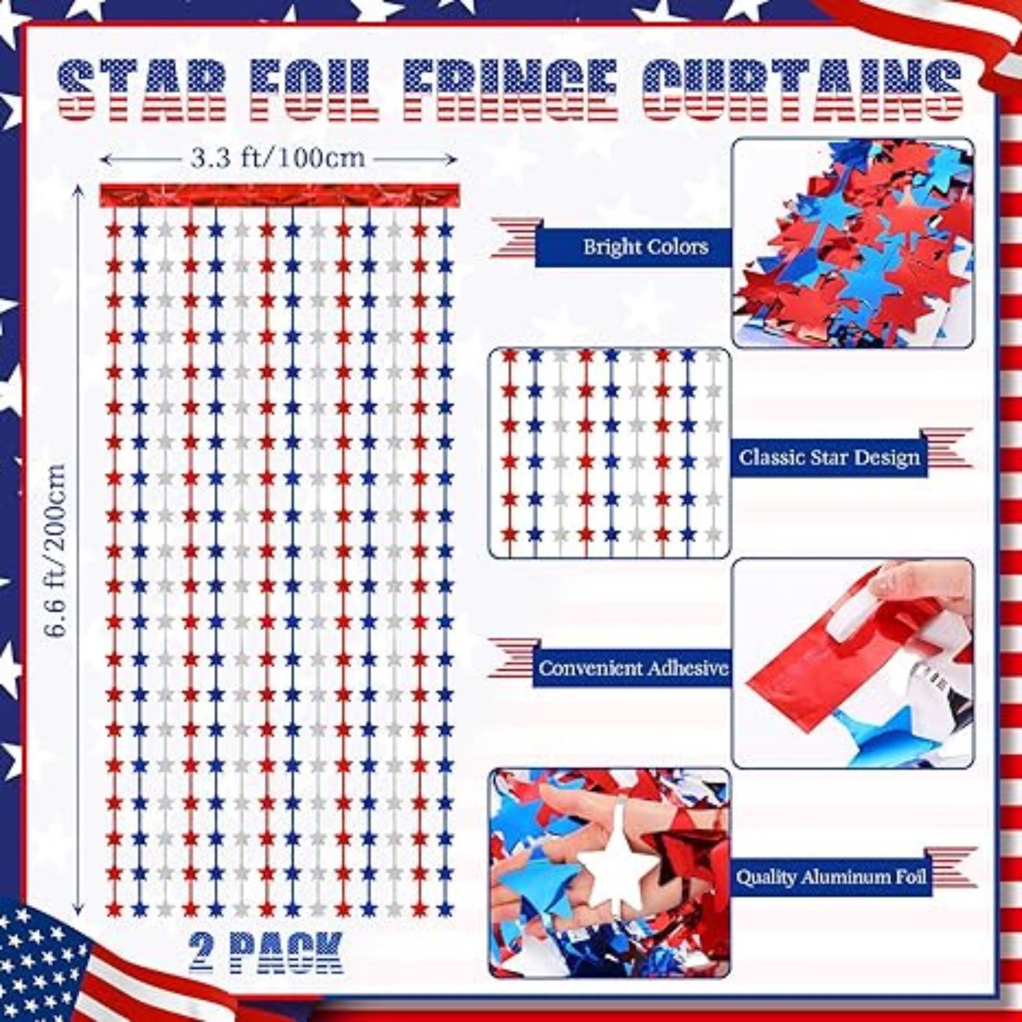 2 Pack Patriotic Foil Fringe Curtains with Flag Banner Backdrop