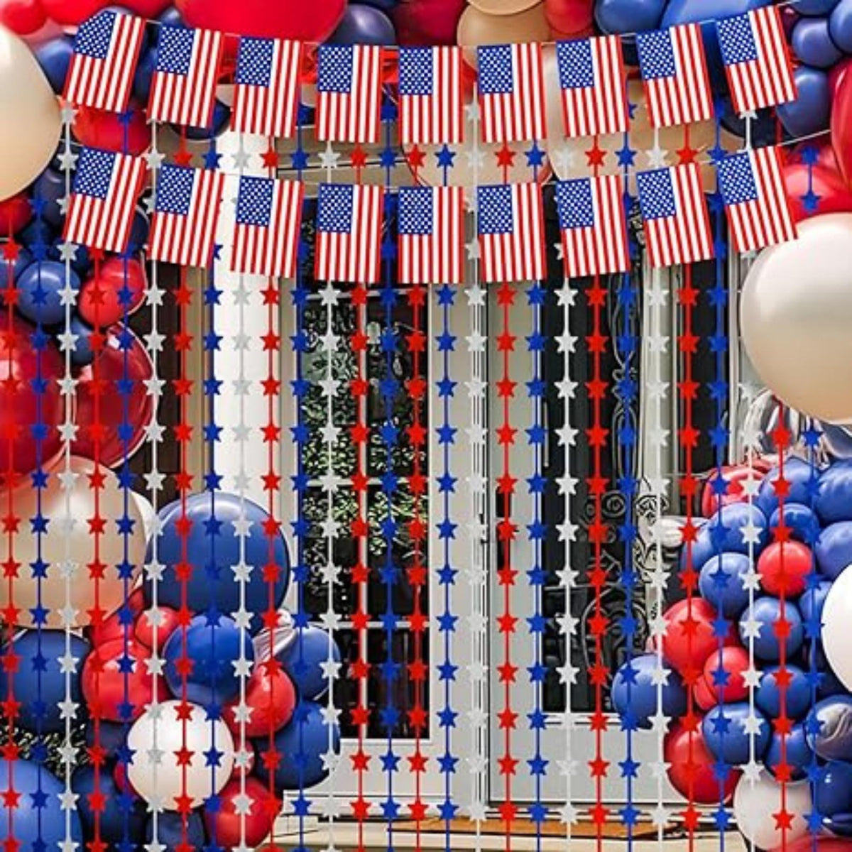2 Pack Patriotic Foil Fringe Curtains with Flag Banner Backdrop