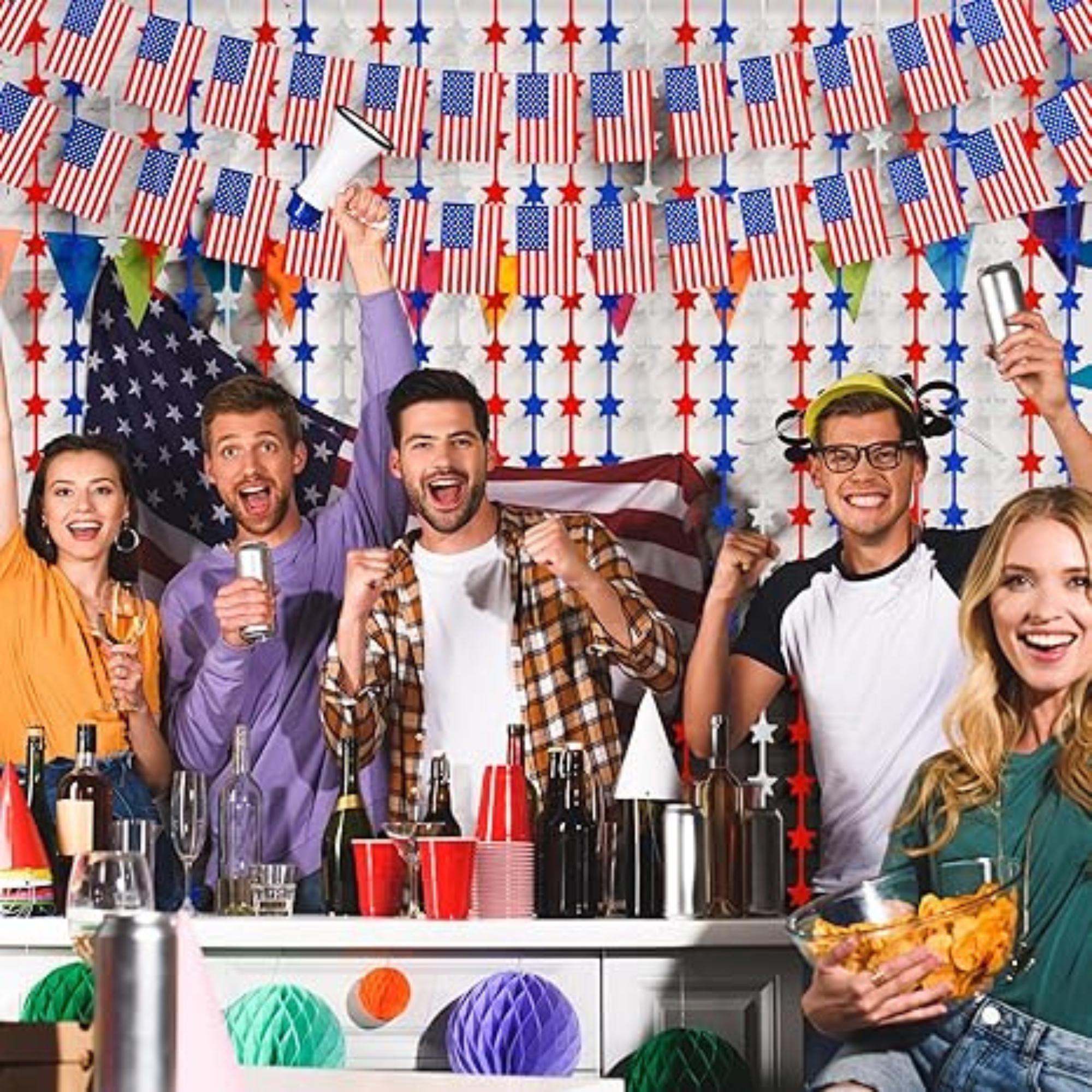 2 Pack Patriotic Foil Fringe Curtains with Flag Banner Backdrop