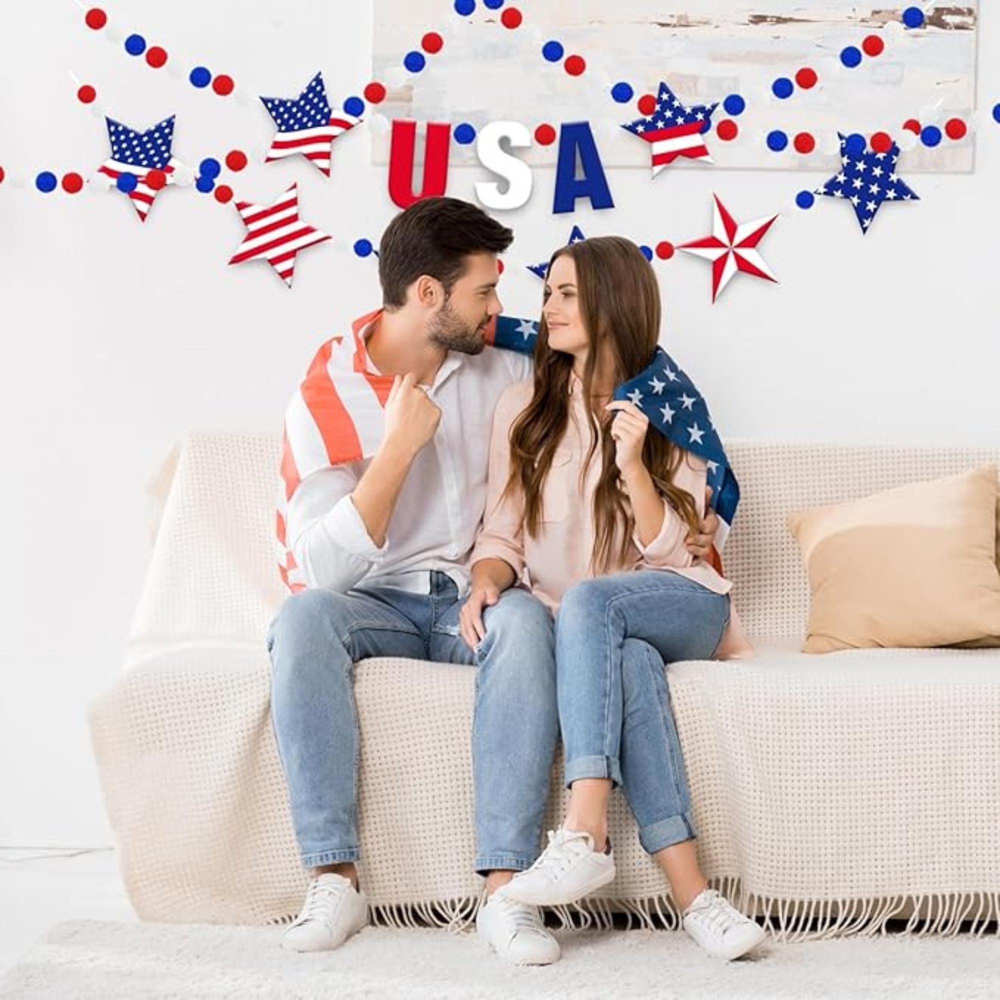 3 Piece Patriotic Felt Garland Banner with Star and Pom Bunting