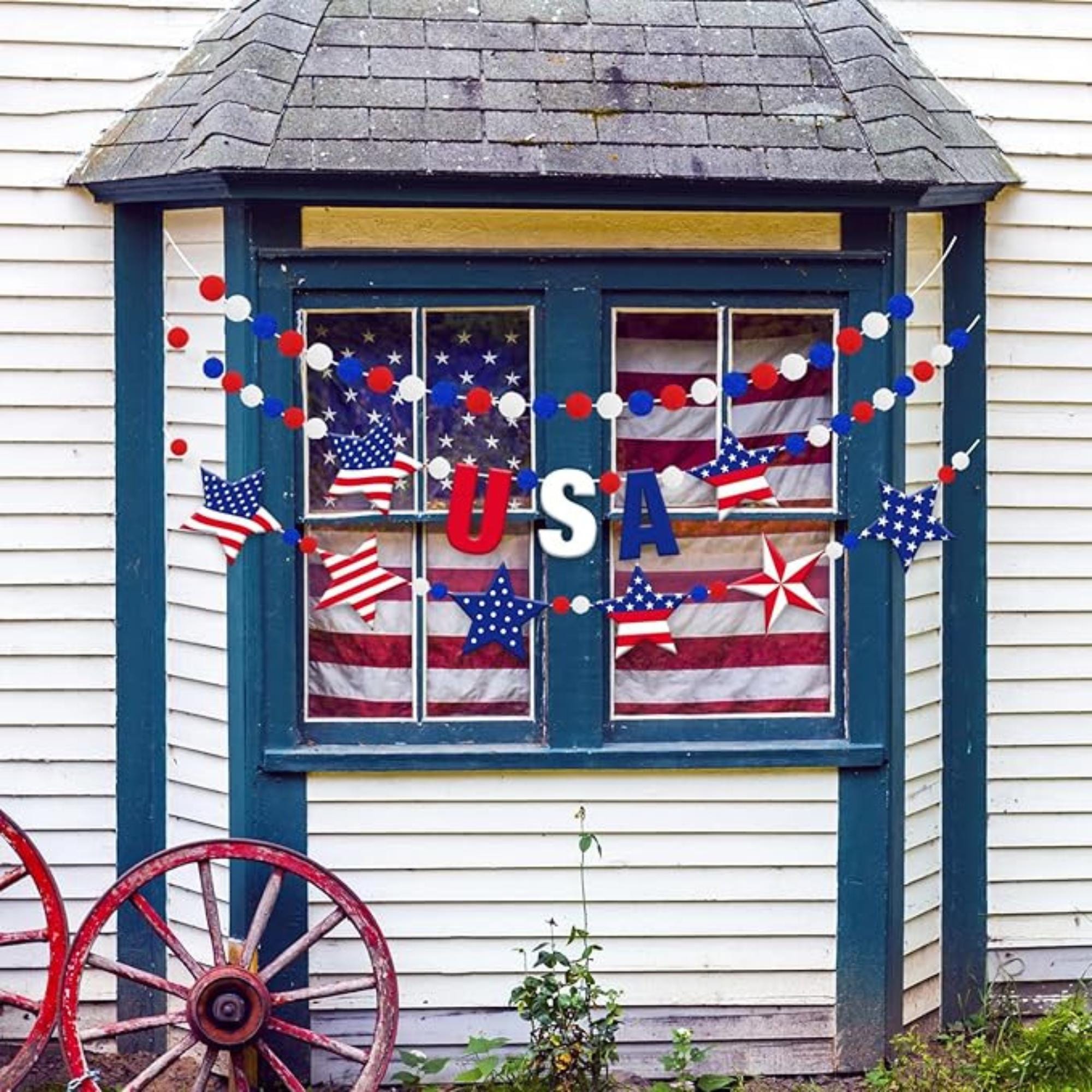 3 Piece Patriotic Felt Garland Banner with Star and Pom Bunting