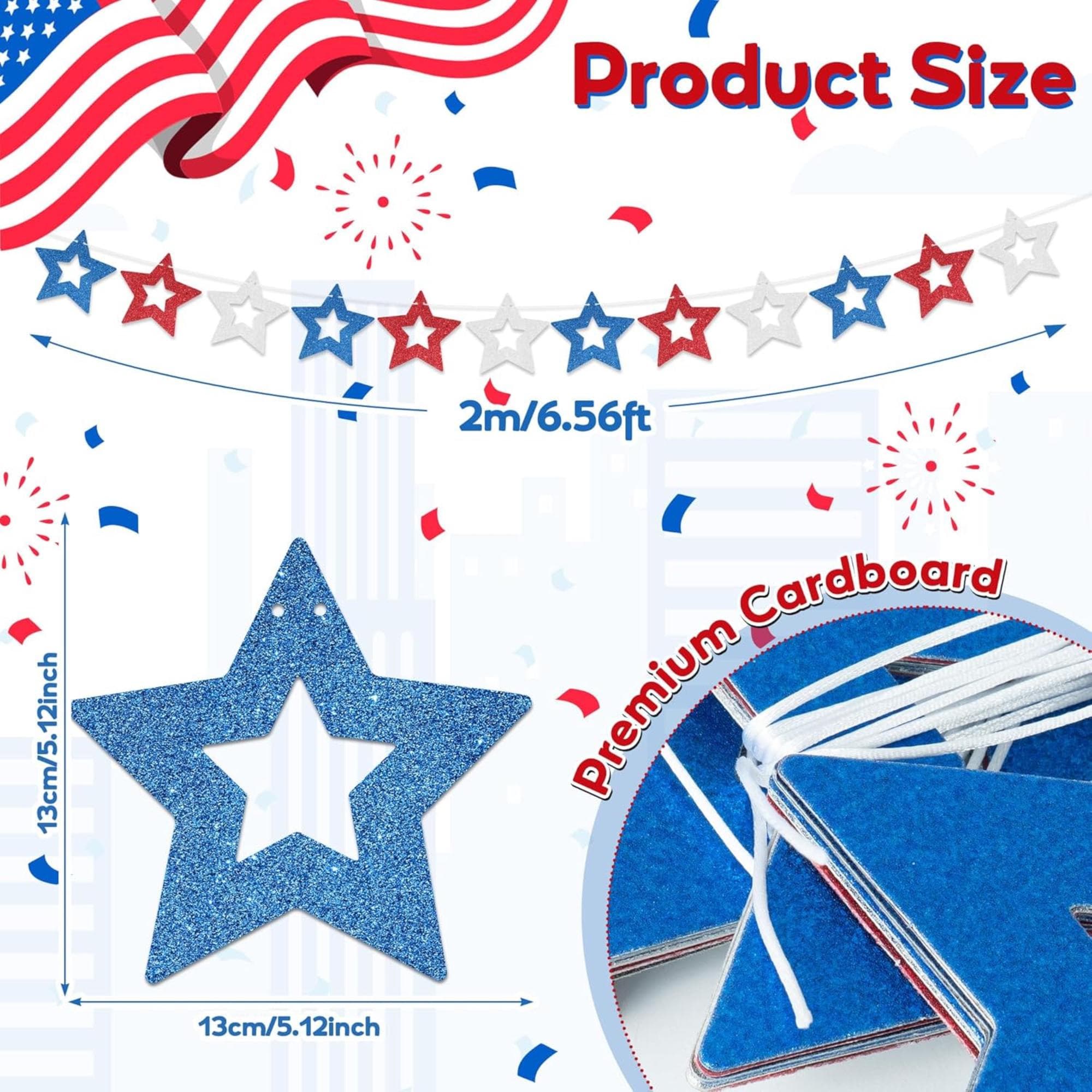 4 Pack Patriotic Glitter Star Garland Banner for Party Decorations