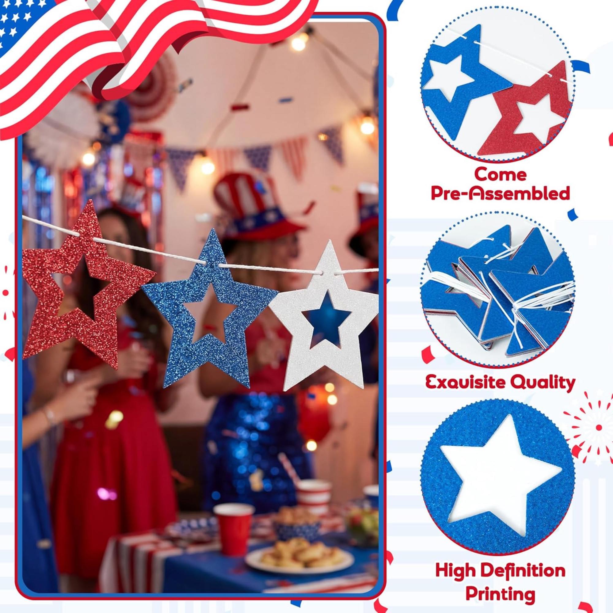 4 Pack Patriotic Glitter Star Garland Banner for Party Decorations