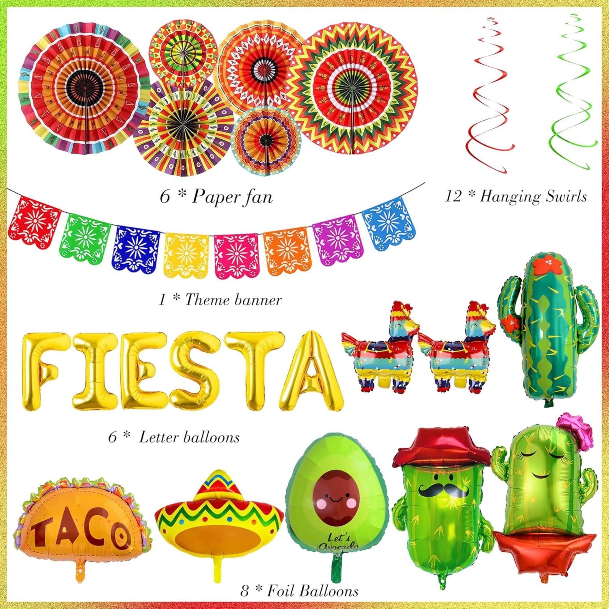 23Pcs Fiesta Party Decorations Balloons Paper Fans Hanging Swirls Decor Set