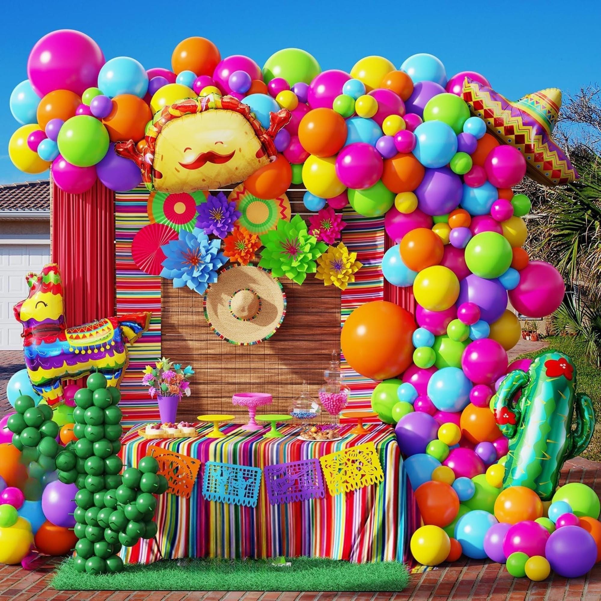 138Pcs Fiesta Balloon Arch Kit Llama Sombrero Taco Cactus Cinco De Mayo Decor