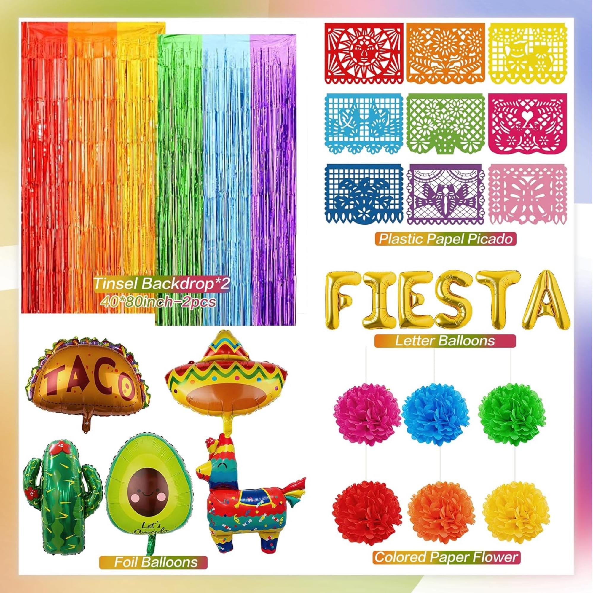 Fiesta Balloon Arch Kit Rainbow Tinsel Banner Taco Cactus Party Decor Set