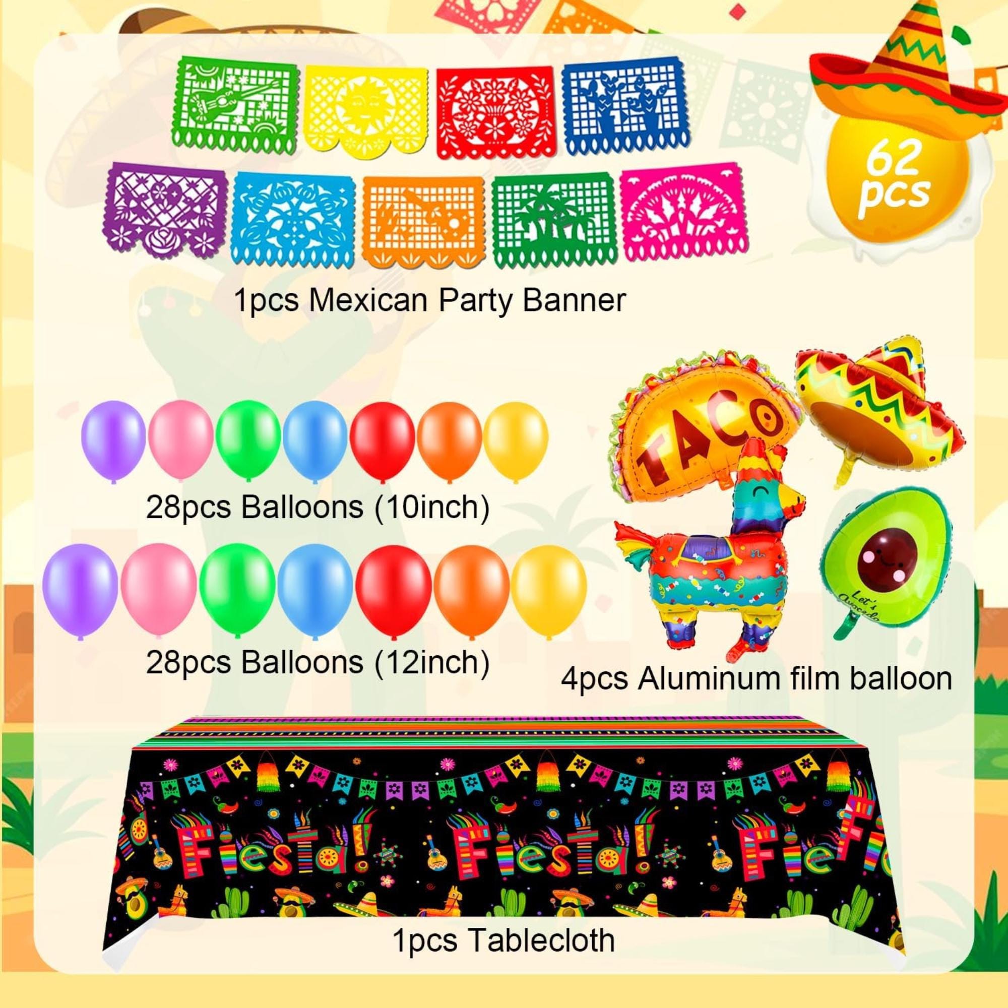 62Pcs Fiesta Party Kit Balloon Arch Banner Tablecloth Cinco De Mayo Decor Set