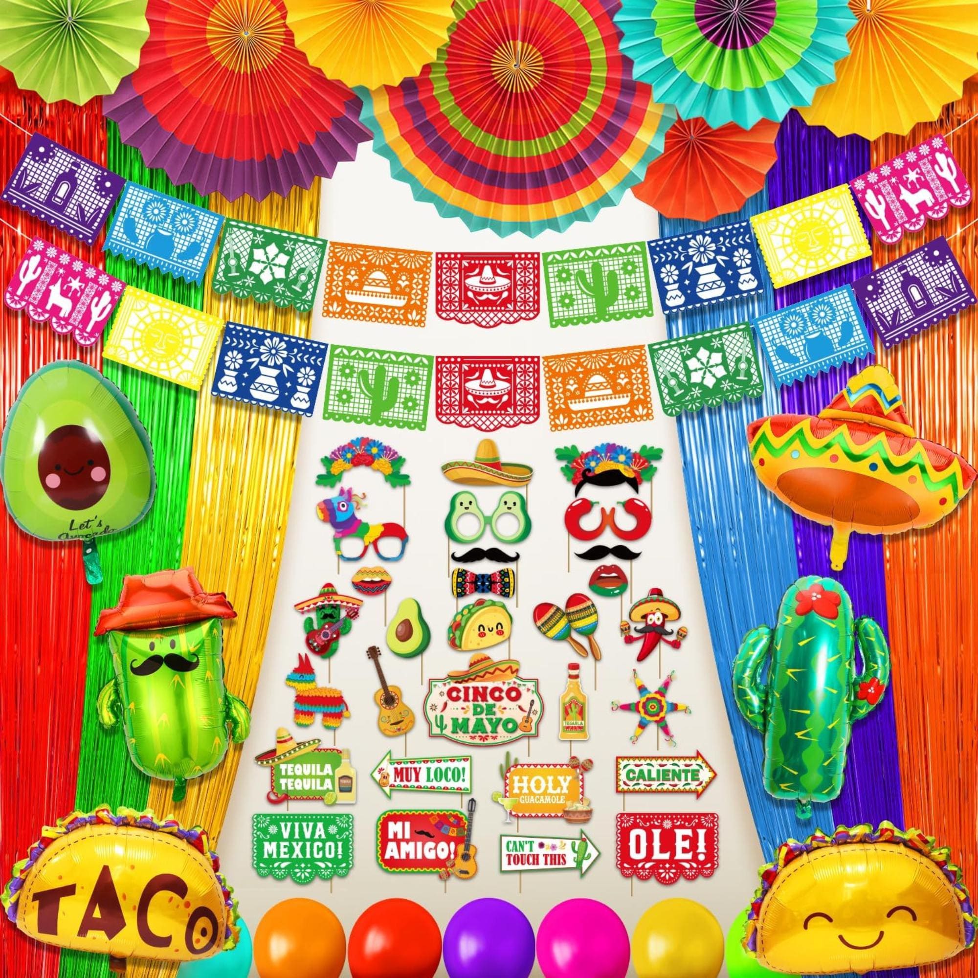 64Pcs Cinco De Mayo Party Decorations Banner Fans Balloon Fringe Backdrop Set