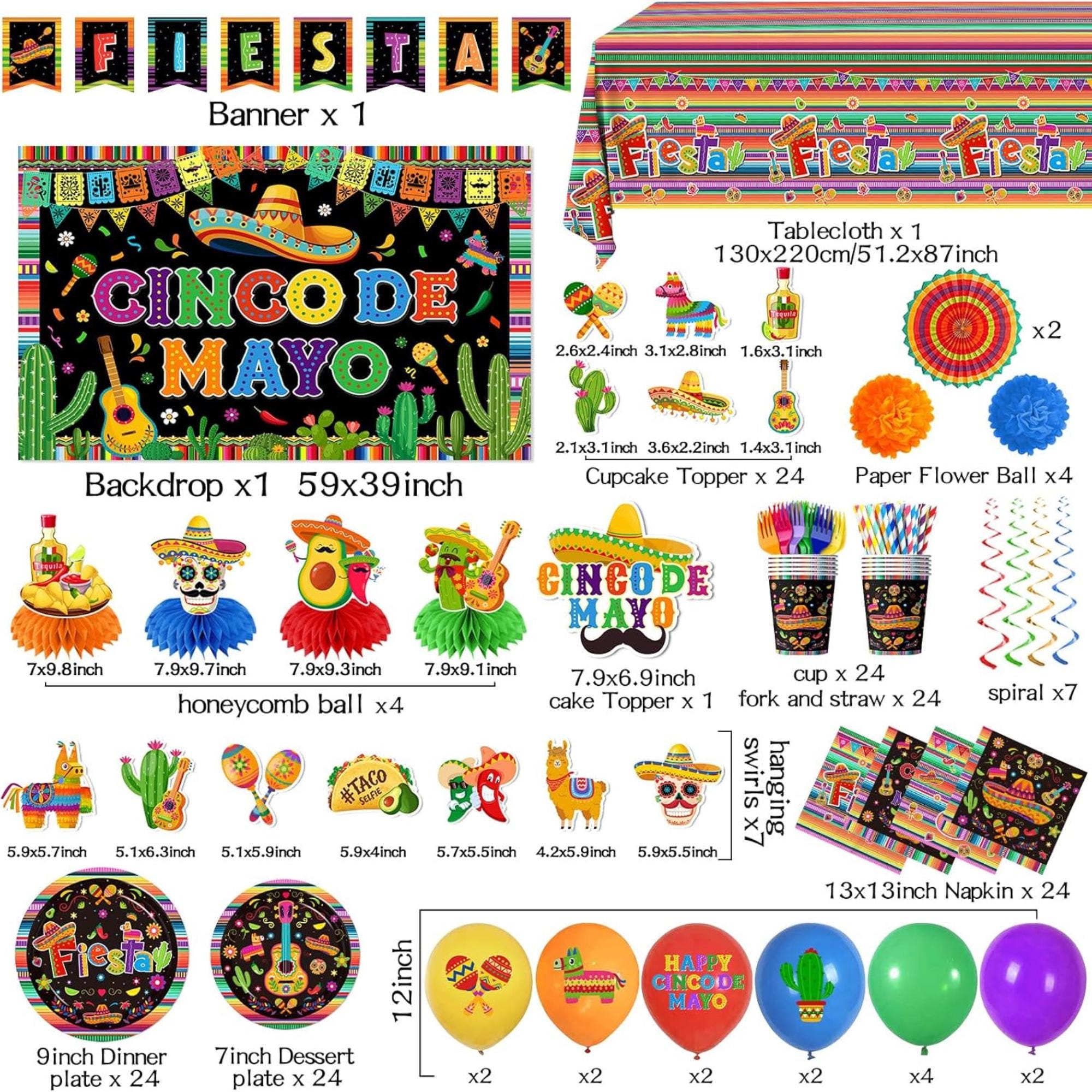 203Pcs Cinco De Mayo Party Decorations Set Backdrop Tableware Balloon Kit