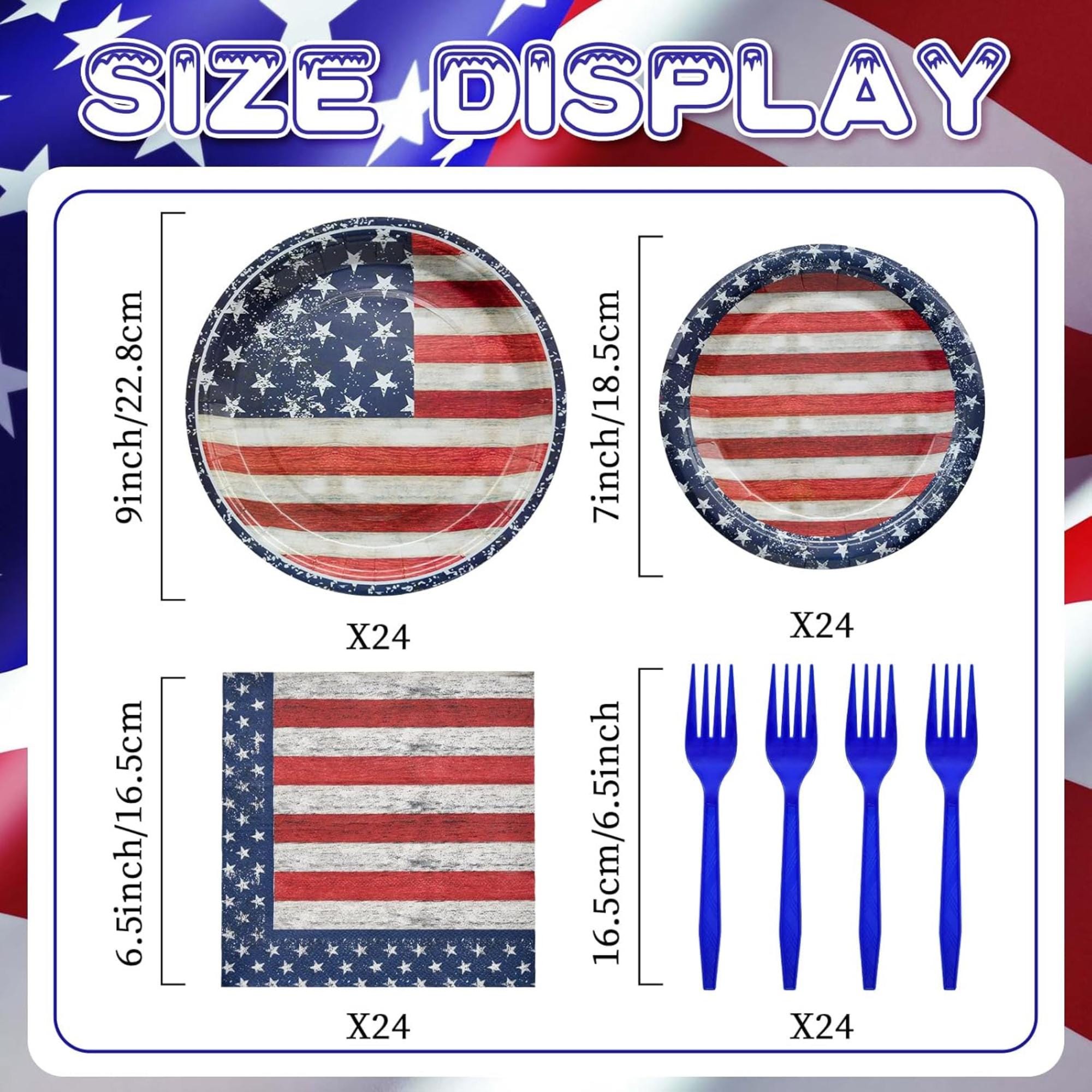 96 Piece Patriotic Tableware Set with Plates Napkins and Forks