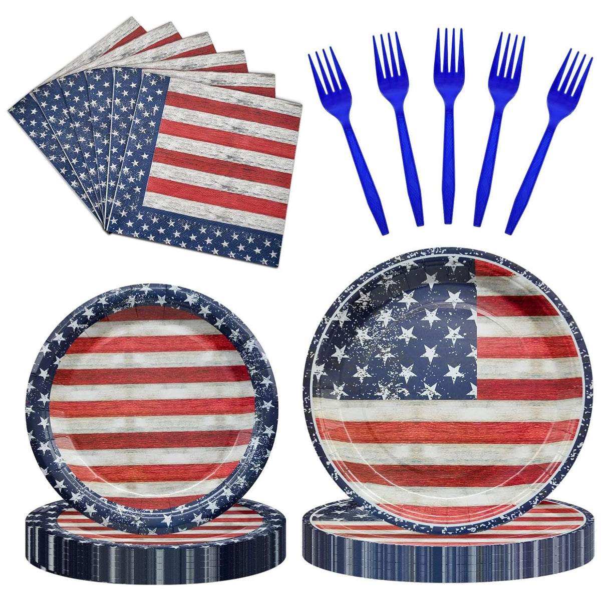 96 Piece Patriotic Tableware Set with Plates Napkins and Forks