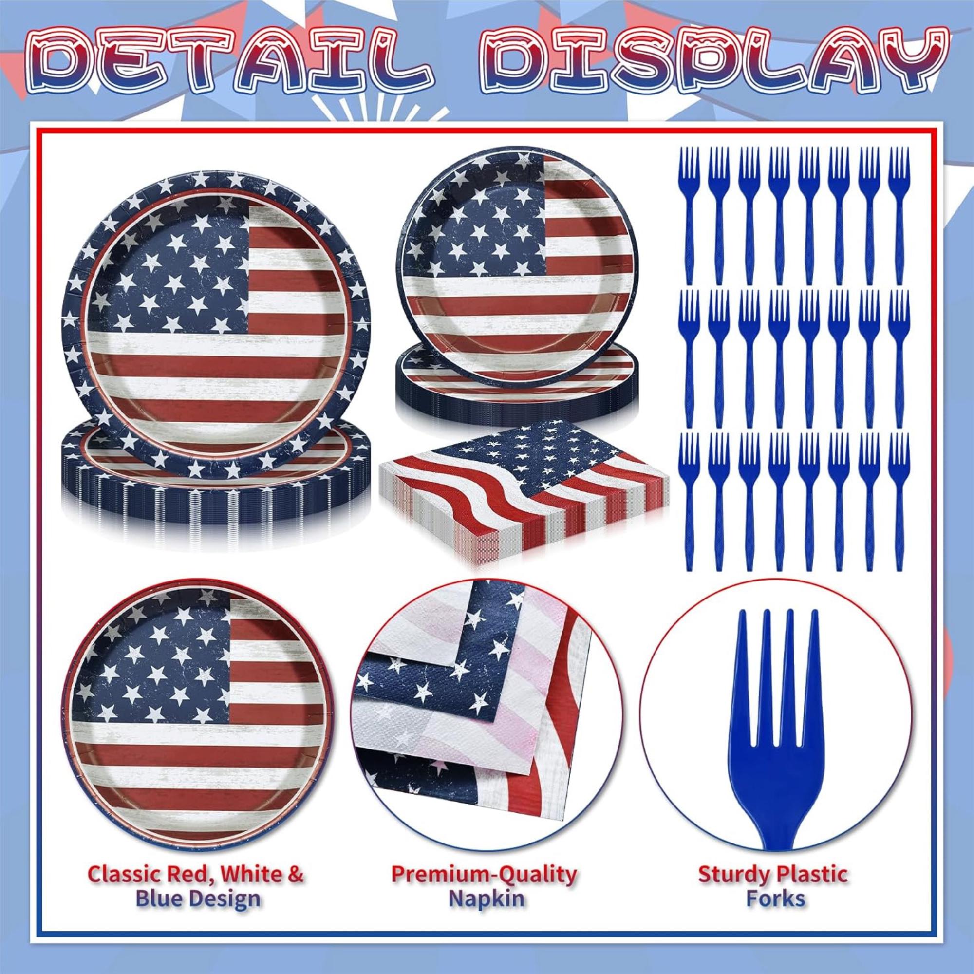 96 Piece Patriotic Tableware Set with Plates Cups Napkins Forks