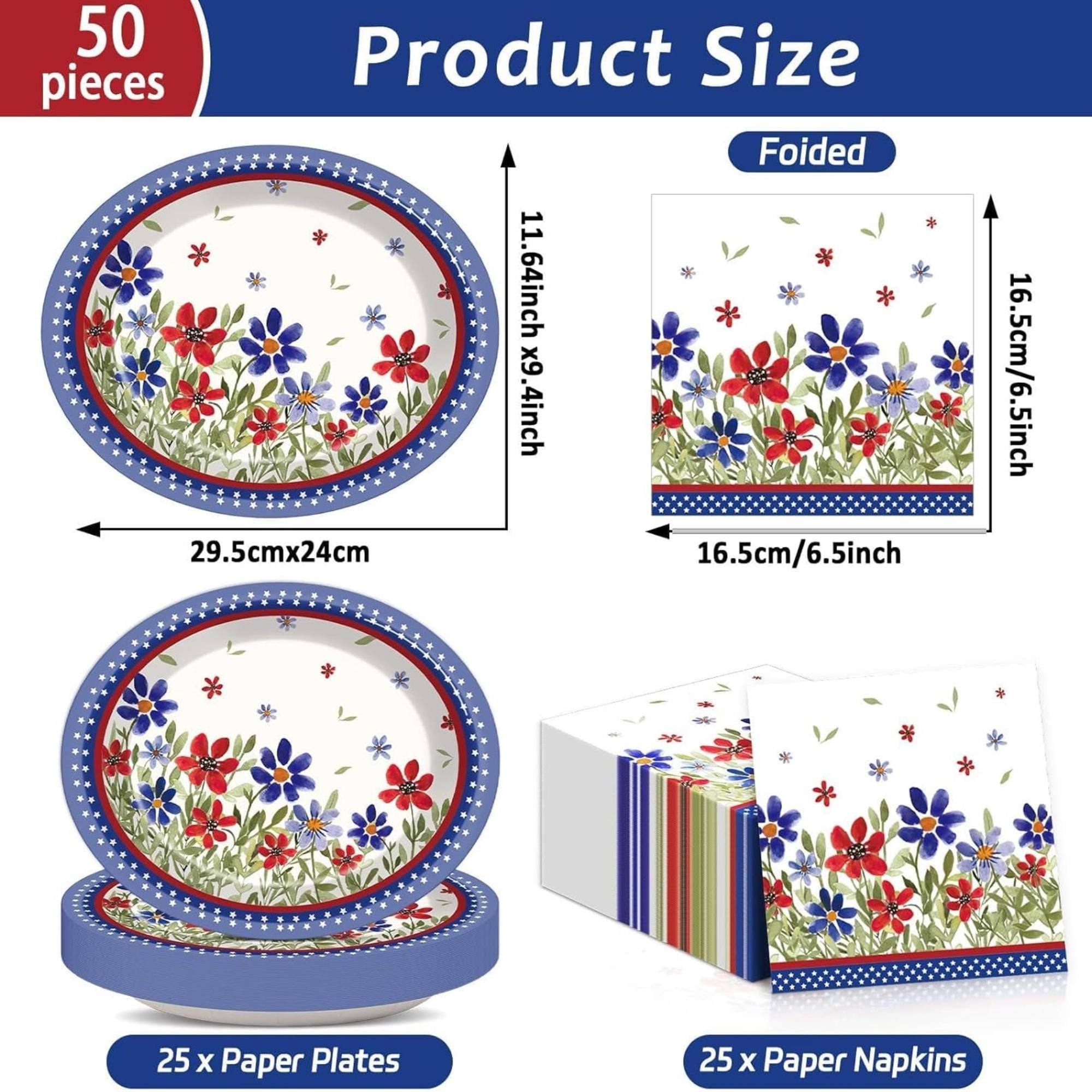 50 Piece Patriotic Oval Paper Plates and Napkins Set for Party