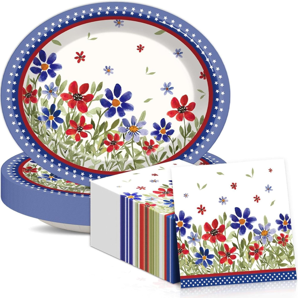 50 Piece Patriotic Oval Paper Plates and Napkins Set for Party