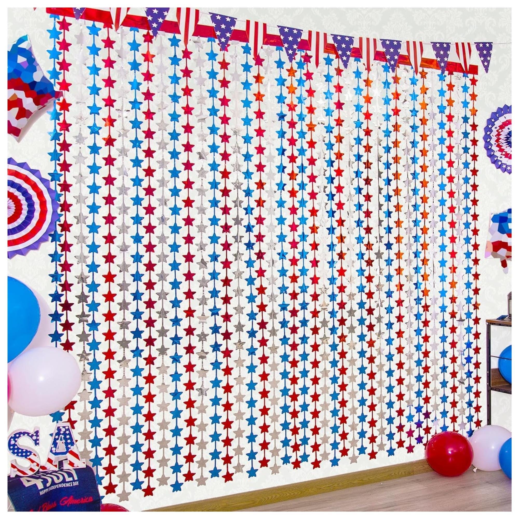 3 Pack Patriotic Star Tinsel Fringe Curtains for Party Backdrop