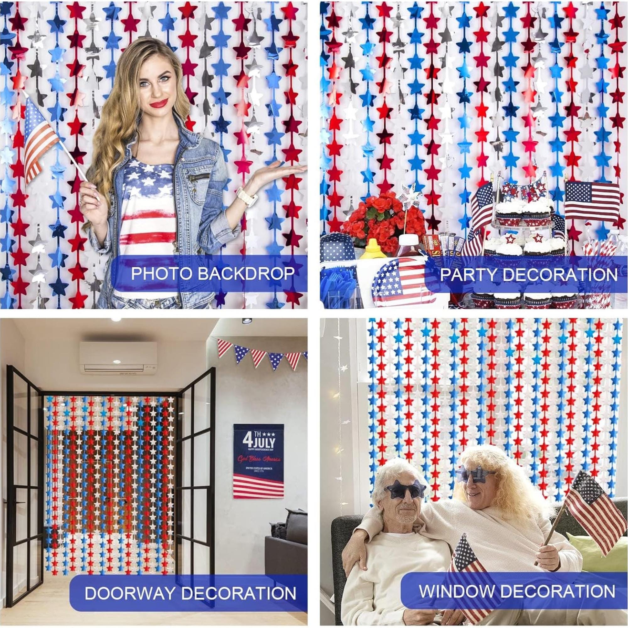 3 Pack Patriotic Star Tinsel Fringe Curtains for Party Backdrop