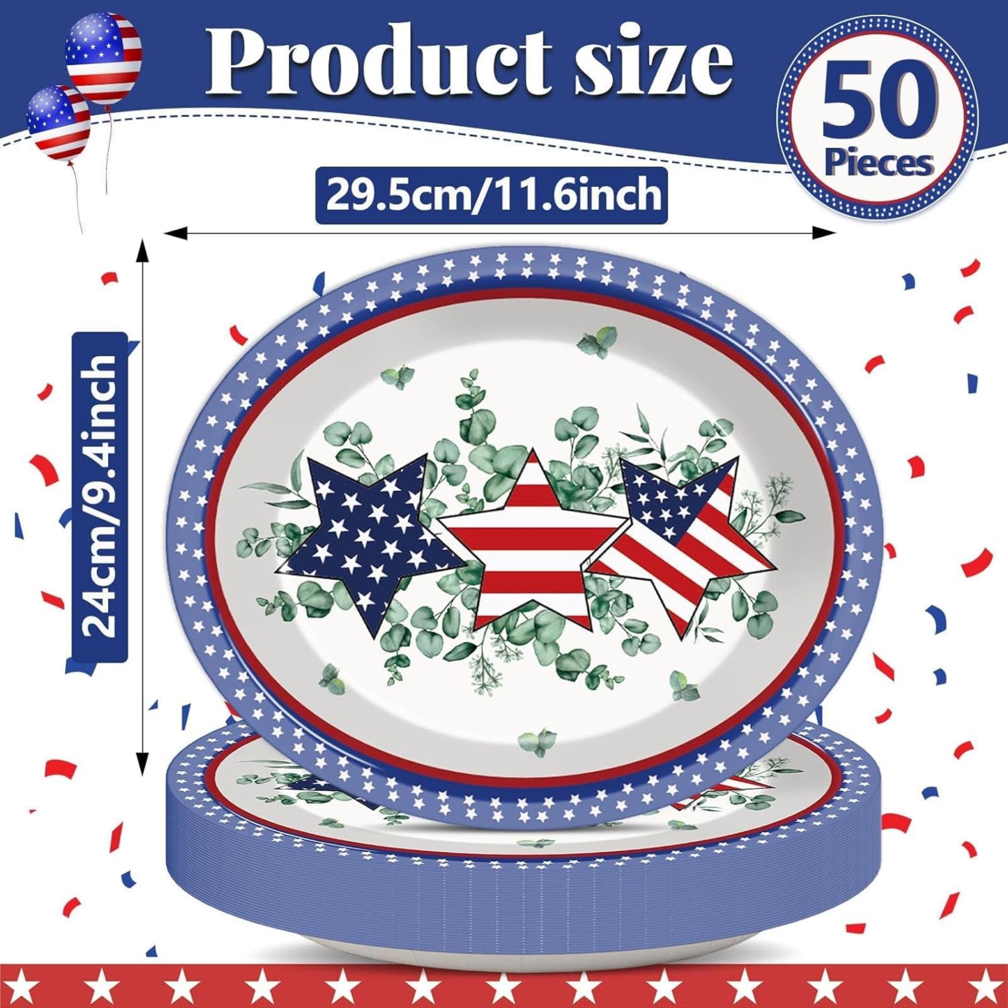 50 Piece Patriotic Eucalyptus Oval Paper Plates for Party Décor