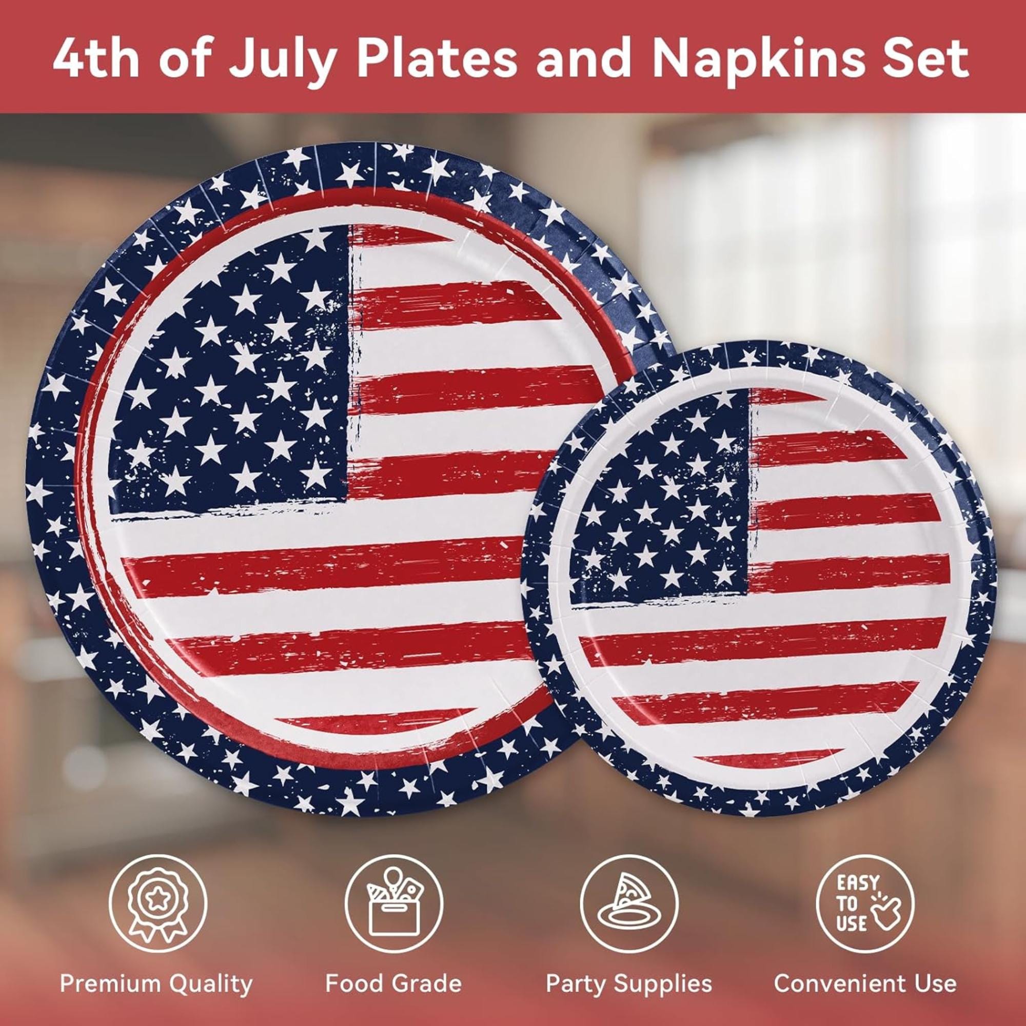 150 Count Patriotic Paper Plates and Napkins Set for 50 Guests