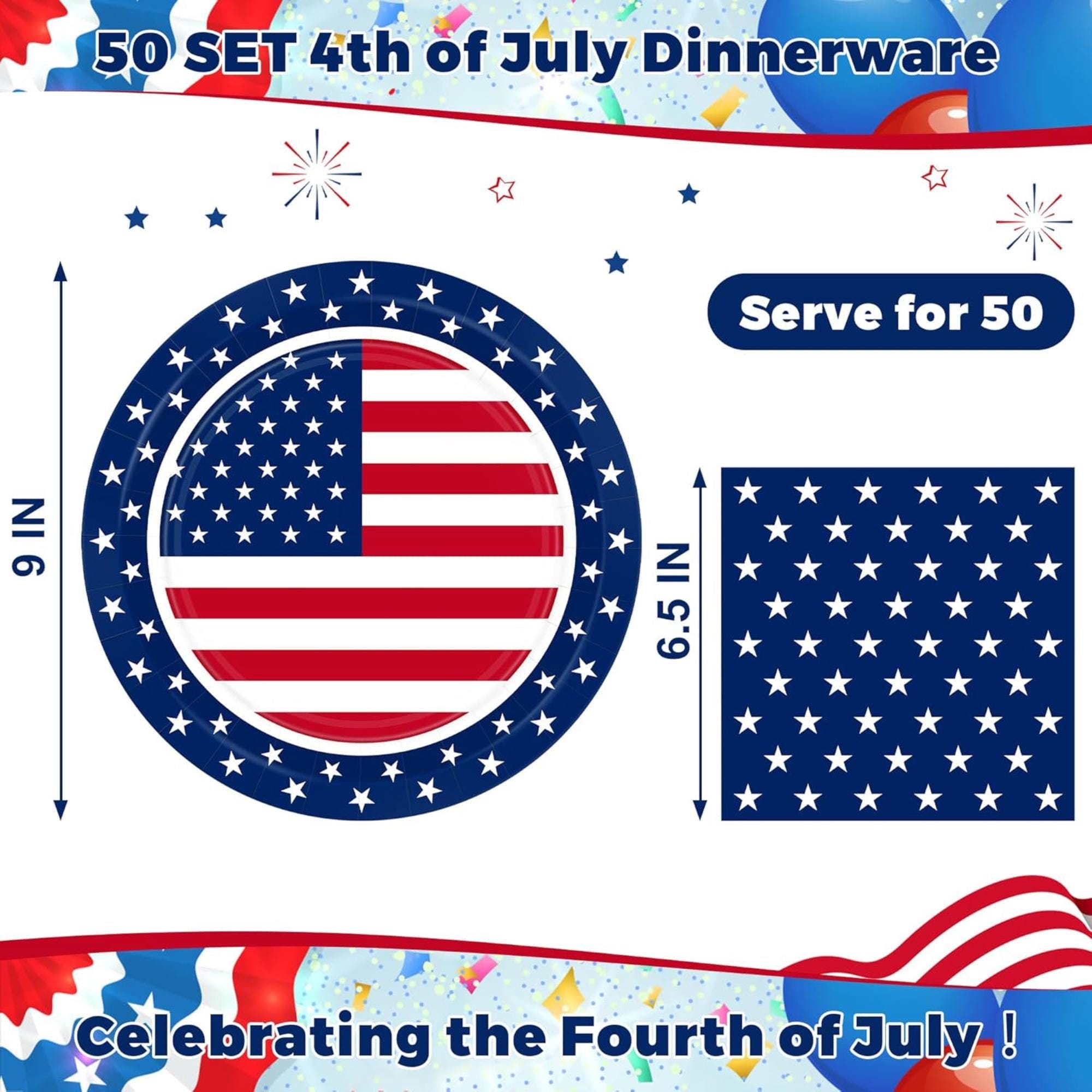 50 Set Patriotic Plates and Napkins 9 Inch Disposable Party Tableware